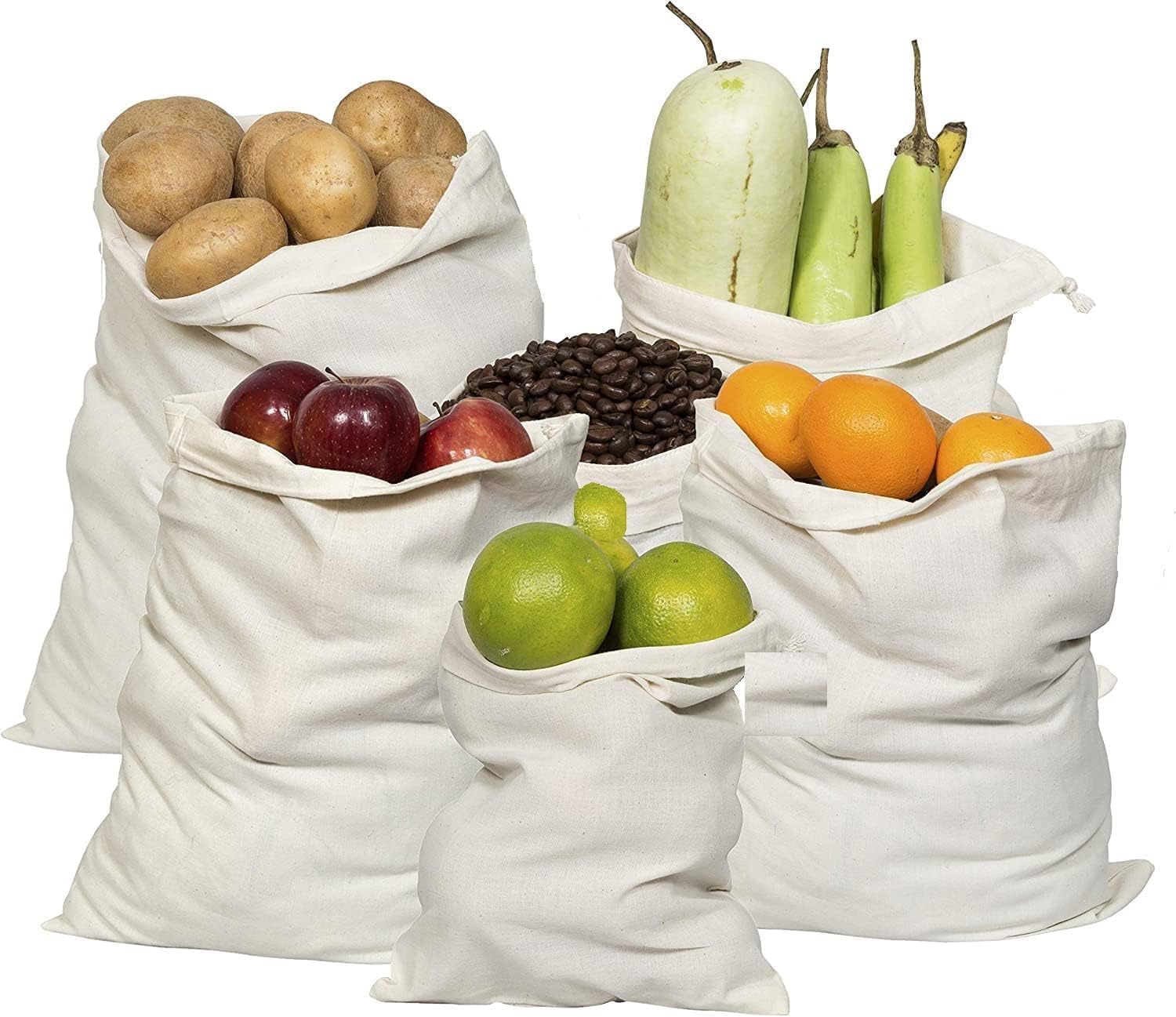 VEPROIX 100% Cotton Reusable Fridge Storage Bags for Fruits & Vegetables | Set of 12 (4 Large 10×14 in, 4 Medium 9×11 in, 4 Small 8×9 in) | Eco-Friendly Drawstring Multipurpose Bags