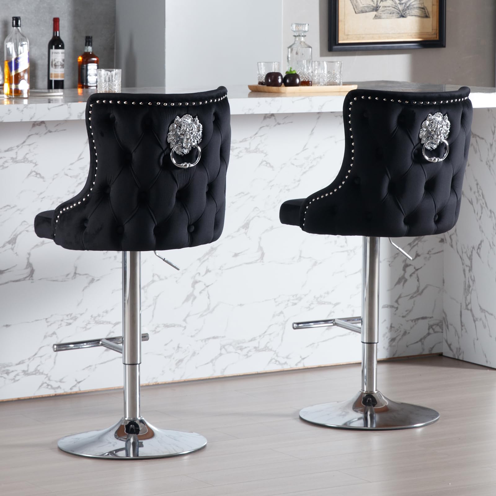 Ya-Home Velvet Bar Stools Set of Kitchen Counter Chairs with Lion Knocker  Swivel Breakfast Bar Stools for Pub, Black