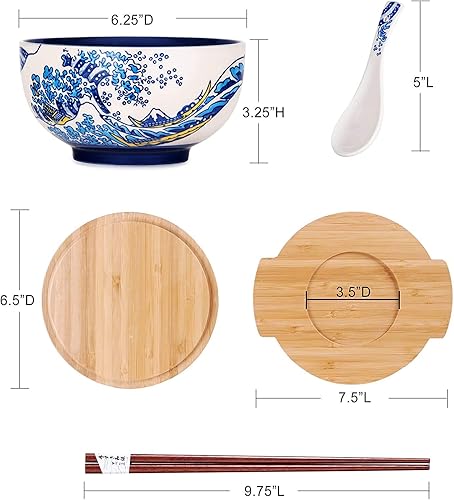 Miniatura 9 de Happy Sales HSKM-RDCAT6 - Tazón de fideos de arroz Kamameshi japonés estilo vintage con tapa de bambú, palillos salvamanteles y cuchara de