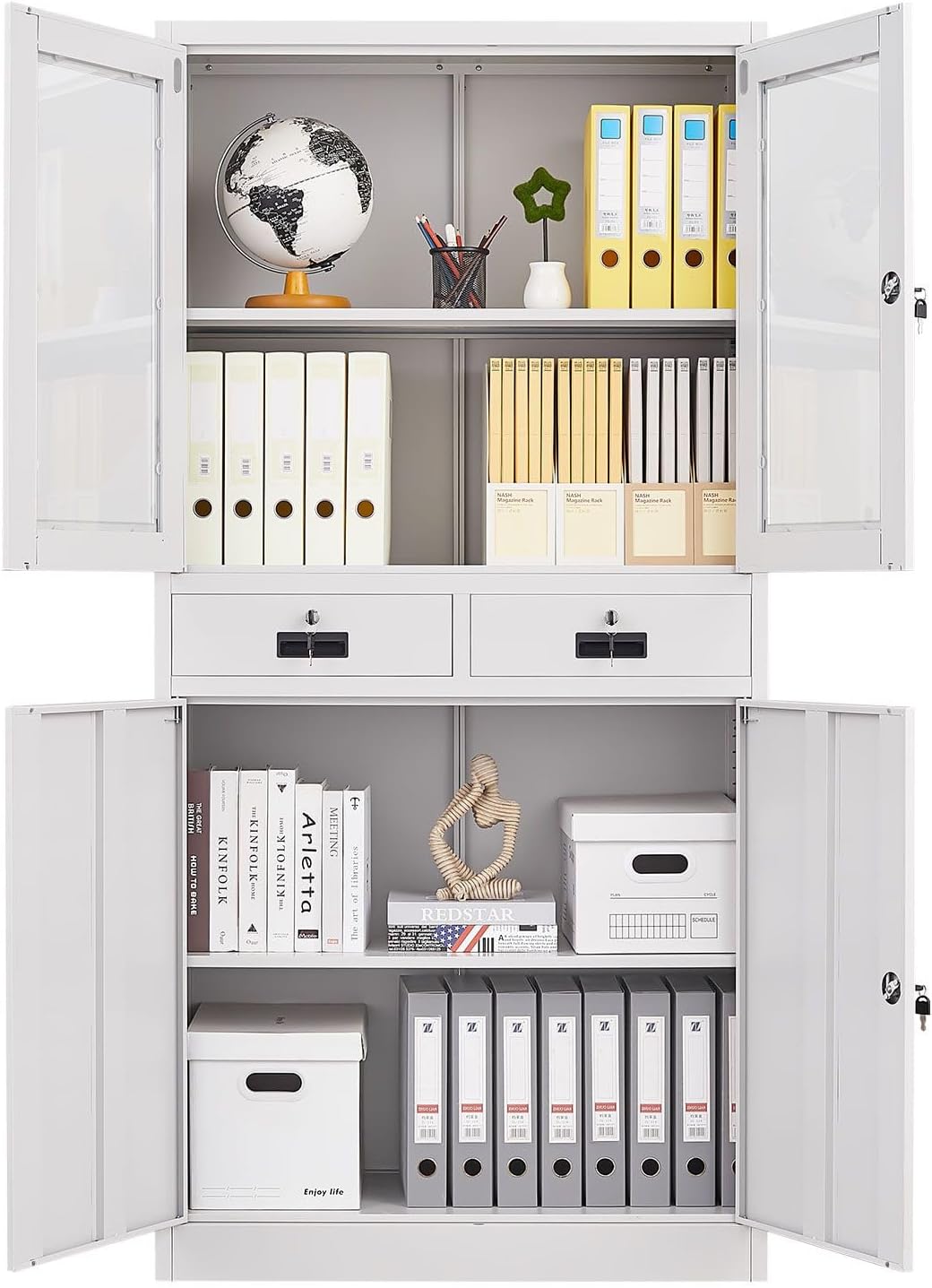 185cm Steel File Locker Cabinet Lockable Filing Storage with 4 Adjustable Shelves and 2 Drawers,2 Tempered Glass Door & 2 Metal Door Cupboard Office Garage Stationary