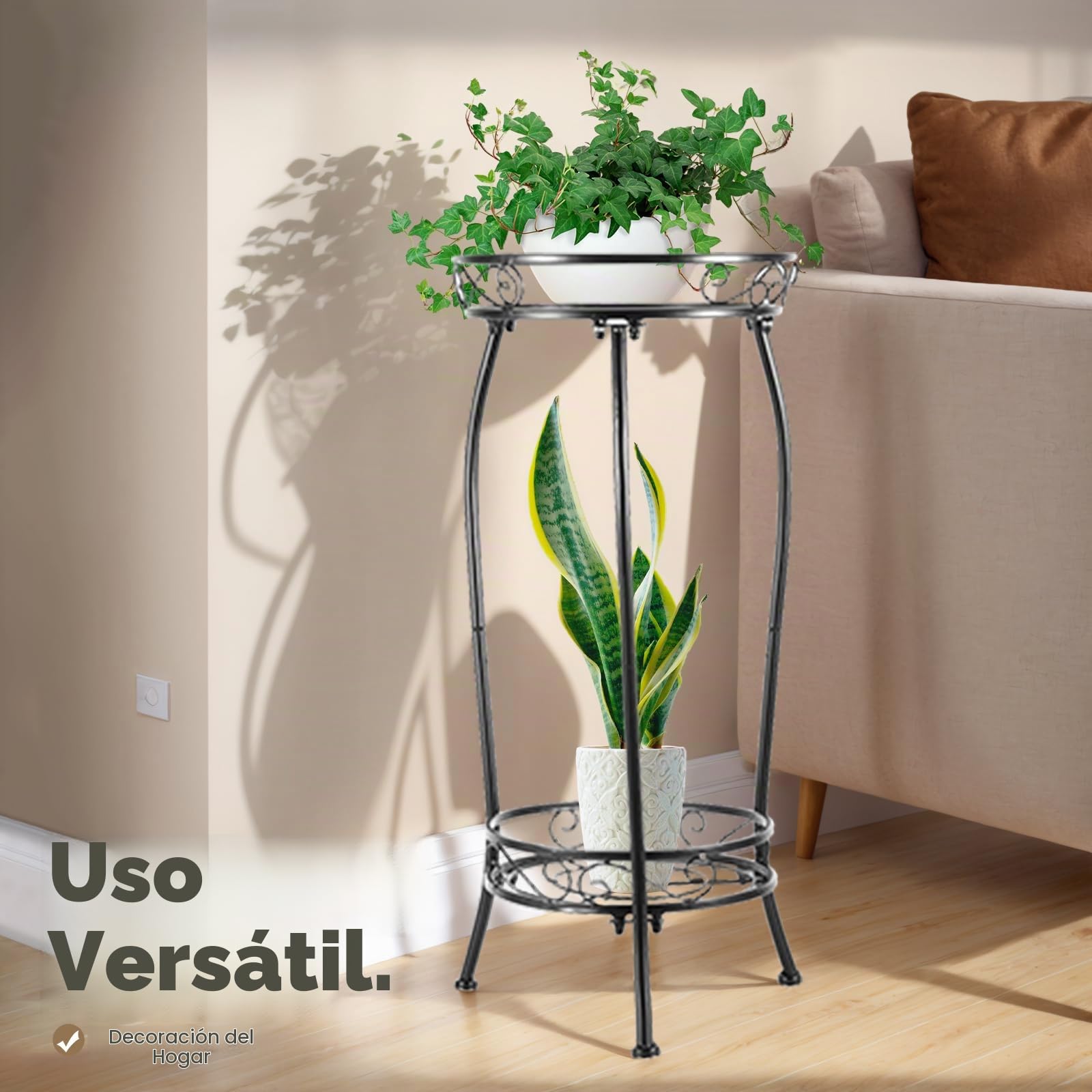 Kavlium Soporte para plantas para interiores y exteriores, soporte alto de metal negro resistente al óxido, 2 niveles de 27 pulgadas, estante múltiple para macetas esquineras, jardín, sala de estar y