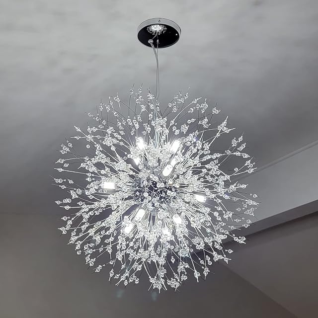 Qamra Modern Chrome Crystal Chandelier,12-Lights Firework Pendant Dandelion Chandeliers Sputnik Lights Ceiling for Dining Room, Bedroom, Entry, Kitchen, Living Room