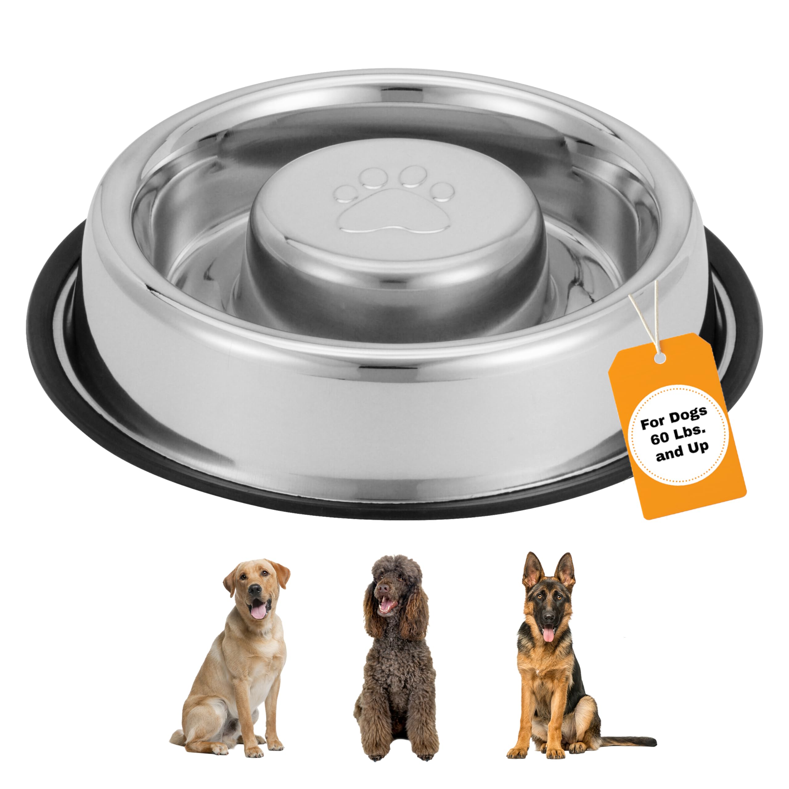 Neater Pet Brands Stainless Steel Slow Feed Bowl - Non-Tip & Non-Skid - Stops Dog Food Gulping, Bloat, Indigestion, and Rapid Eating (Extra Large, 5 Cups)