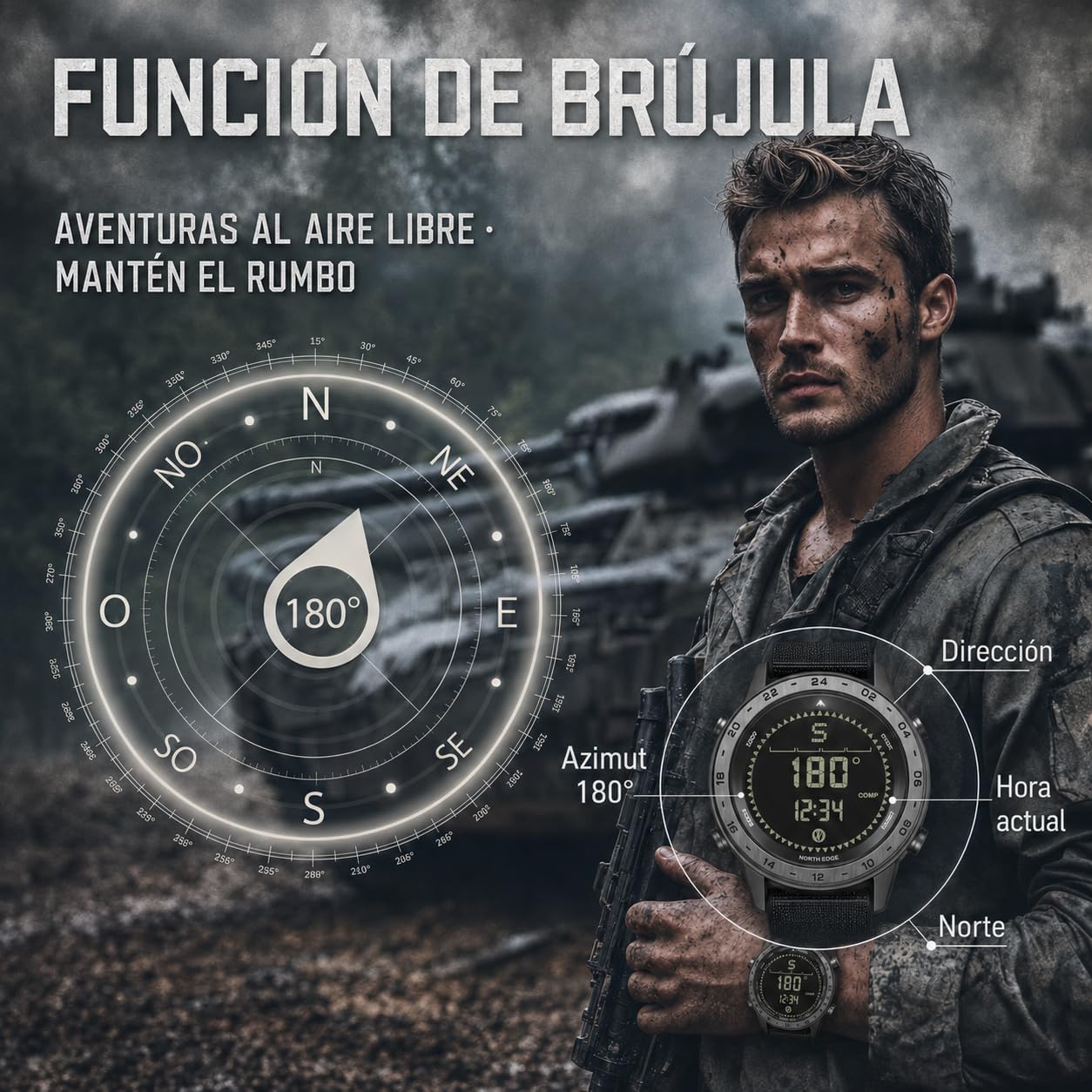 North Edge TANK3 Reloj Digital para Hombre, Podómetro 31 Días, Brújula