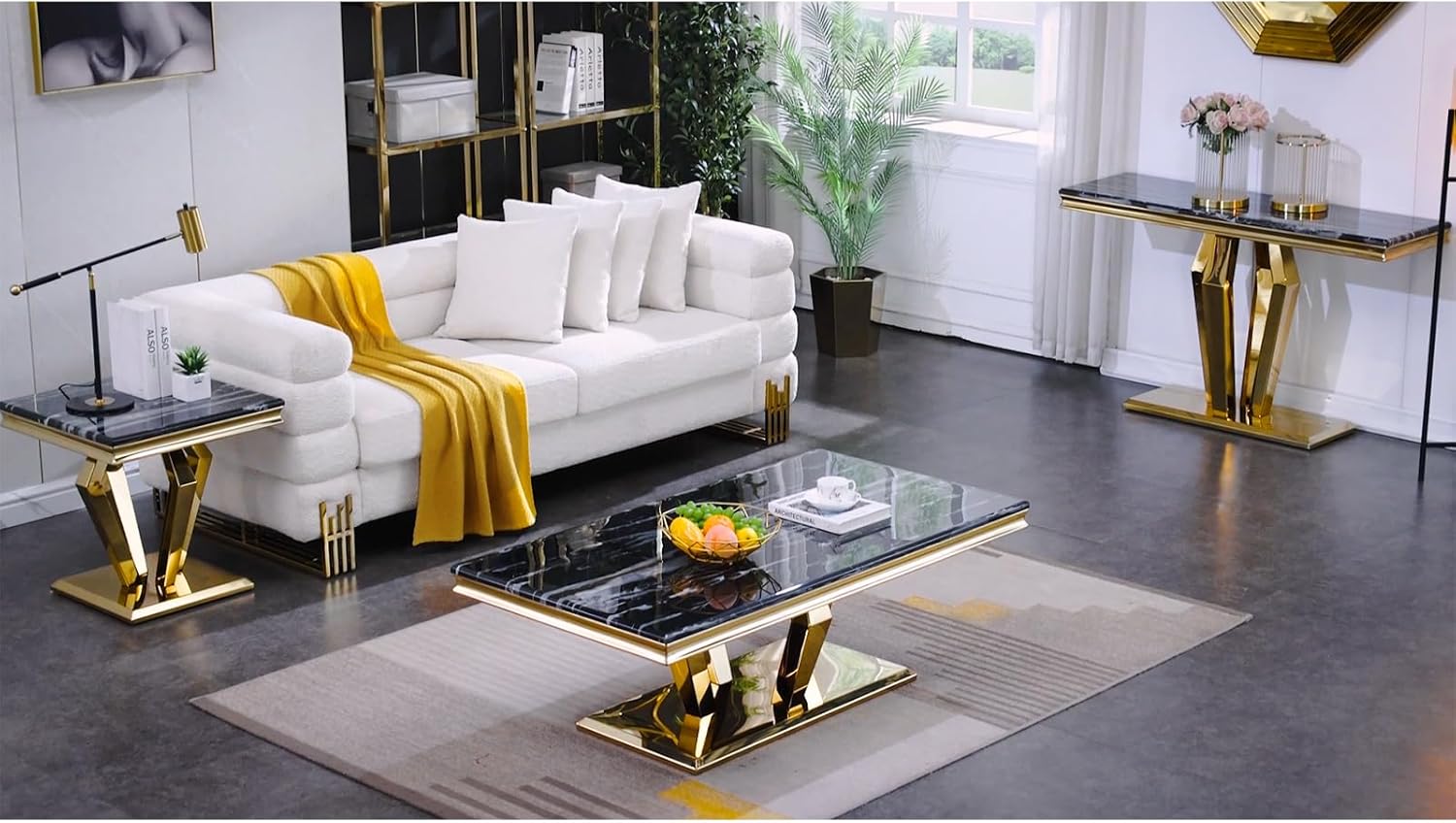 ACEDÉCOR Living Room Table Sets, Black and Gold Coffee Table and Two Mirror Gold End Tables for Living Room