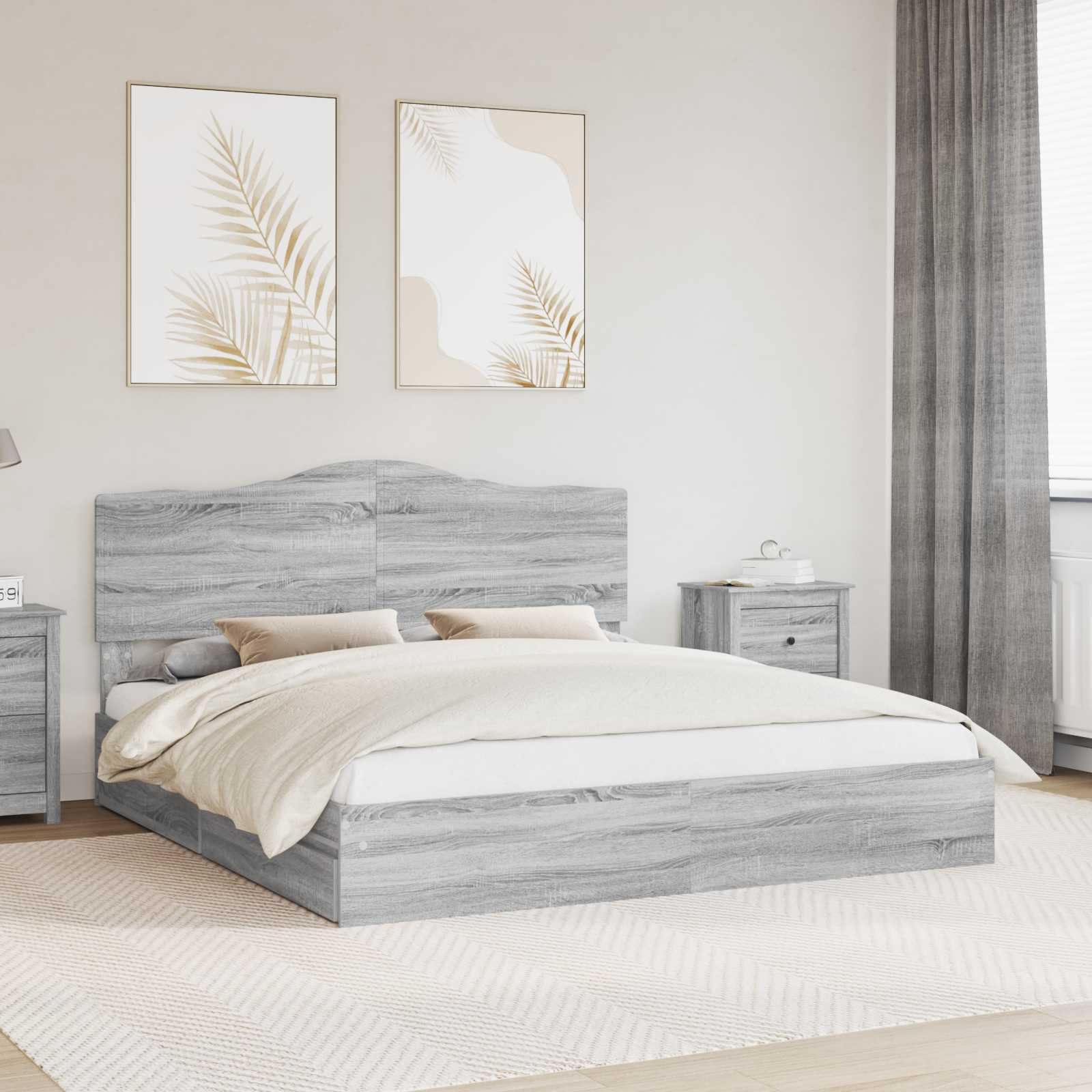 vidaXL Storage Bed Grey Sonoma 200 x 200 cm Engineered Wood, Modern, Rectangular Bed Frame for Stylish Sleeping Space, Durable Engineered Wood Platform, Customized Width Solution