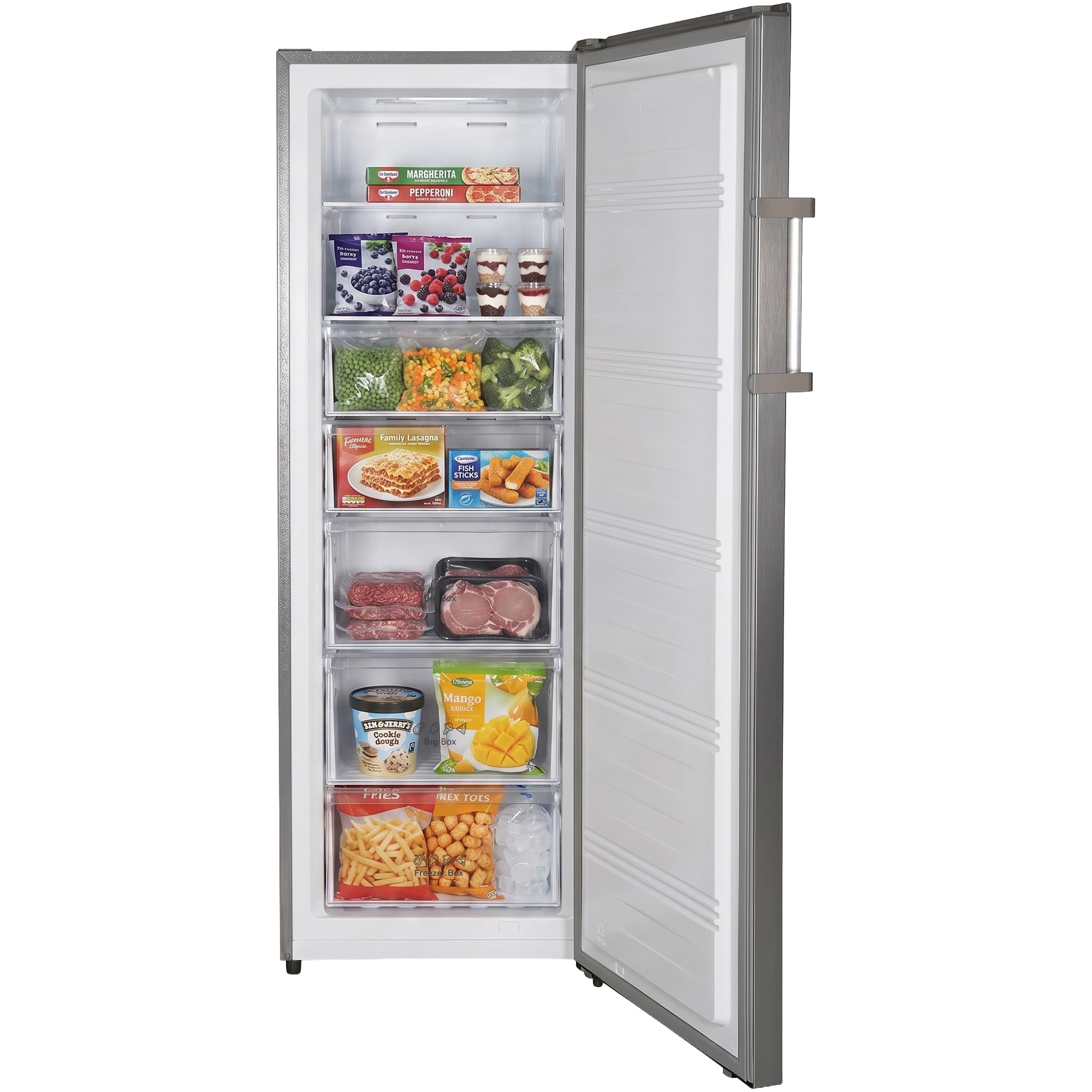 Gefrierschrank HFF-HS240NFXE++, 240 L, Energieklasse E, Full No Frost, Inverter-Kompressor, Multi Air Flow, digitales Display, Super Freezing, 7 Gefrierfächer, LED-Licht, Inox-Look