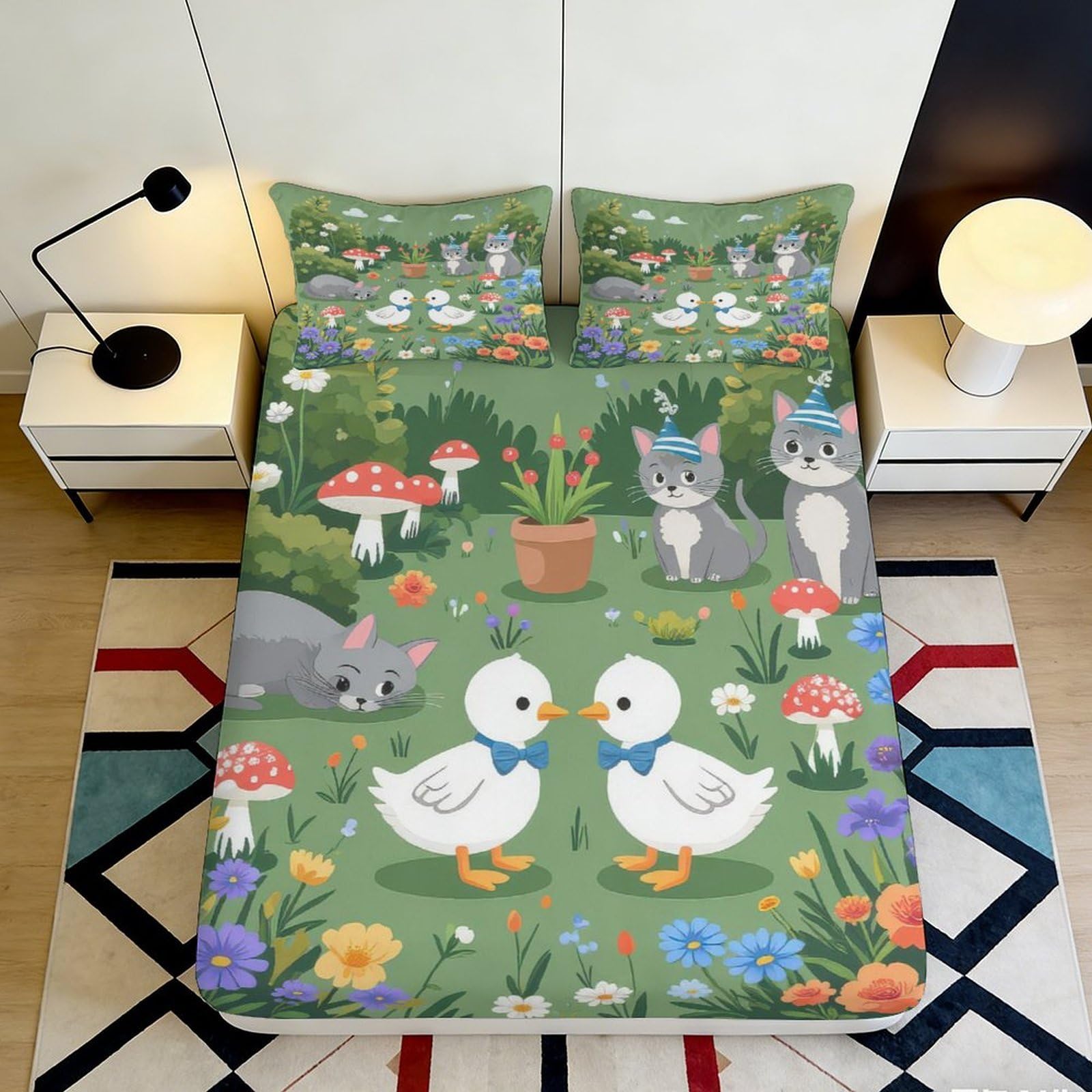 3D Printed Cartoon Duck Fitted Sheet Microfiber Anti-Slip Animal Cat Mattress Cover for Bedroom Dorm Easy Care 90x200x25cm