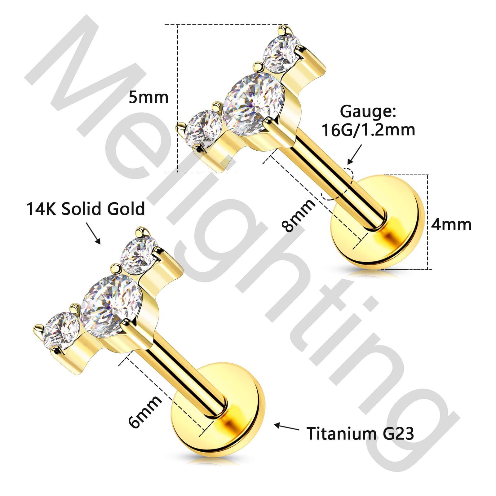 Melighting Flach Rücken Ohrring 14K Gelbgold Helix Stud Innengewinde Lippen Stud Labret Ohrring CZ Knorpel Piercing Schmuck
