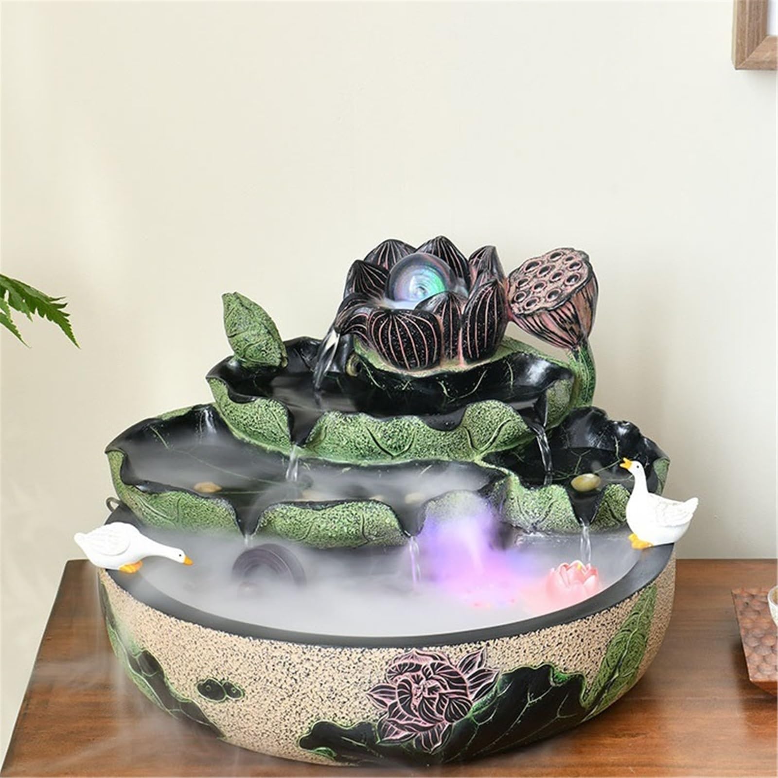 Fuente De Cascada para Interiores, Fuente De Agua De Sobremesa con Loto Chino Y Adornos Fluidos.