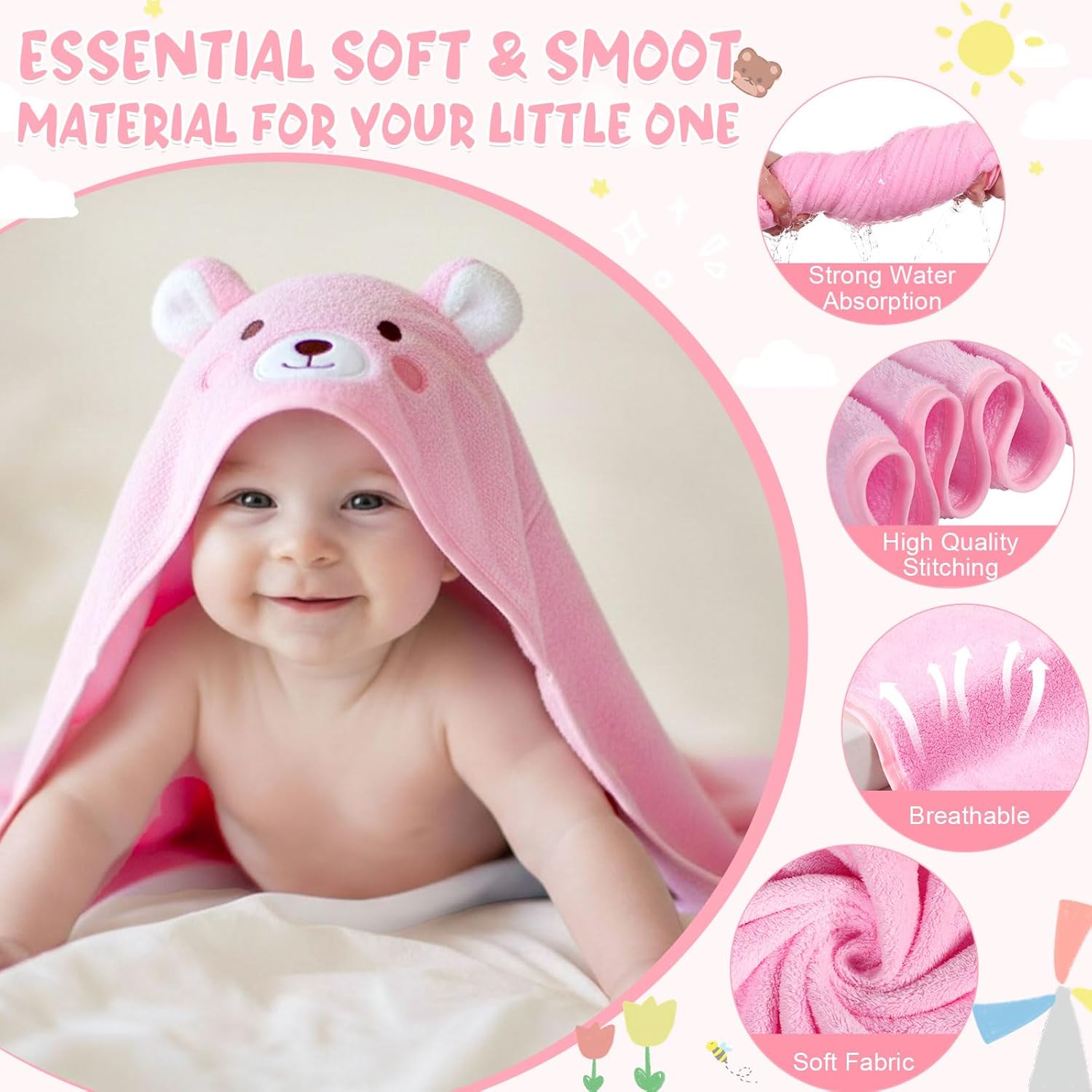 6 Pack Baby Hooded Towels Coral Fleece Baby Bath Towels 31.5 x 31.5 Inch Soft Absorbent Hooded Bath Blanket for Newborn Toddler Infant Boy Girl Shower Gift Supplies(Multicolor,Stylish)