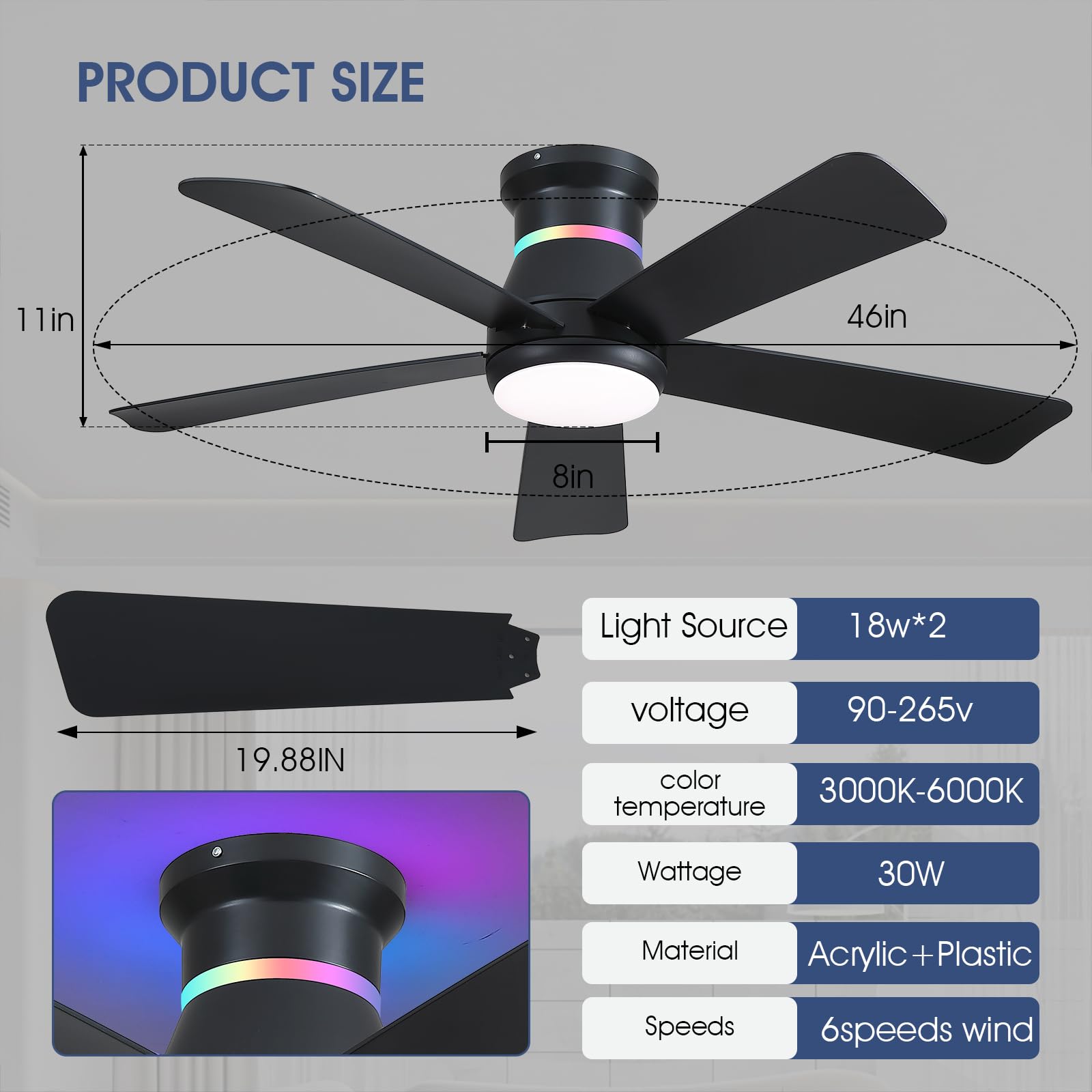 Surtime 117CM Ventilatori a soffitto con luci RGB - Fan a soffitto a montaggio a flush con LED 3CCT dimmabile, ventilatori a soffitto moderni per festa all'interno(Nero)