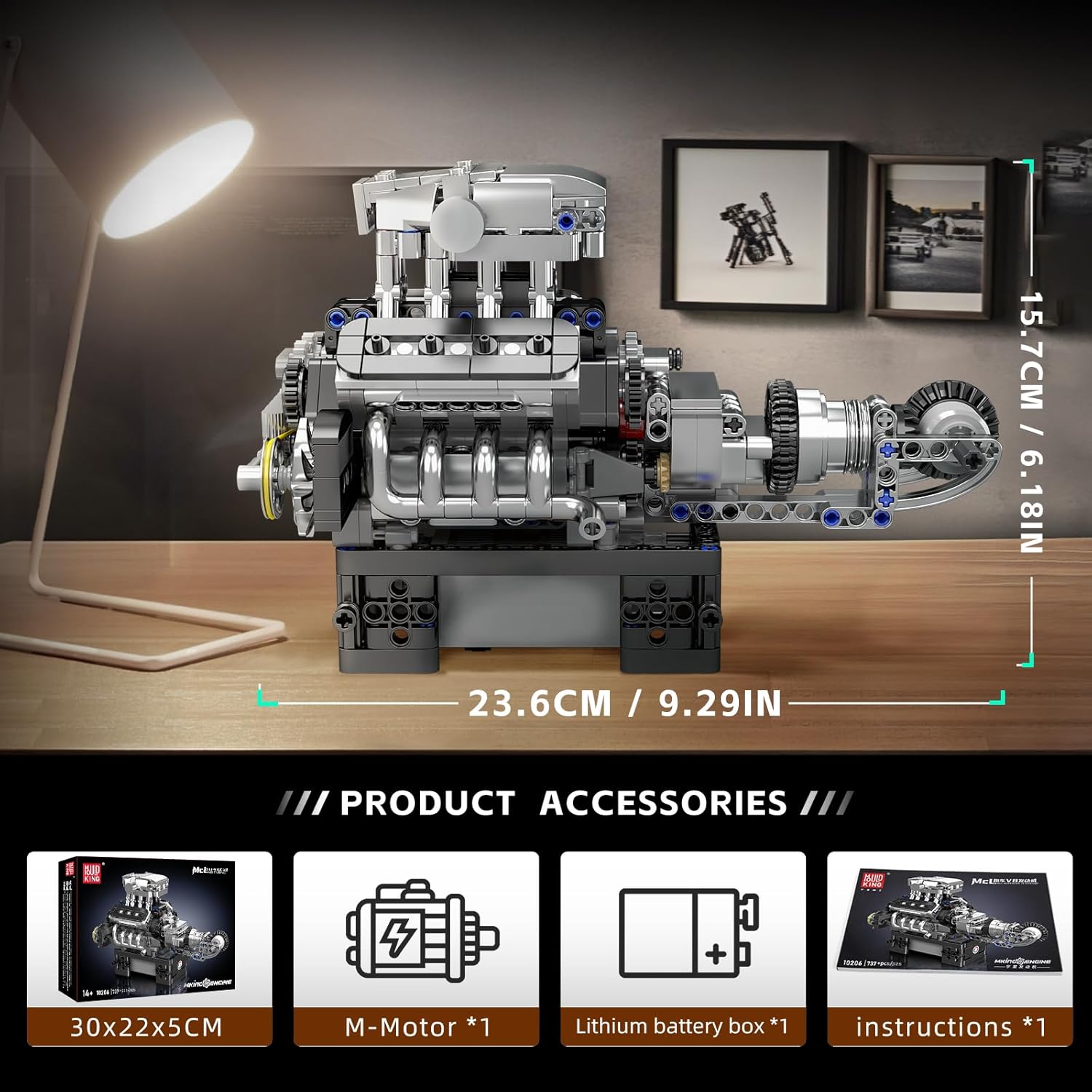 Mould King 10206 V8 Combustion Engine Model Kit that Runs, Build Your Own MOC V8 Engine Model Toy, 8-Cylinder Petrol Car Engine Replica Model Building Kit for Adults (737 PCS)