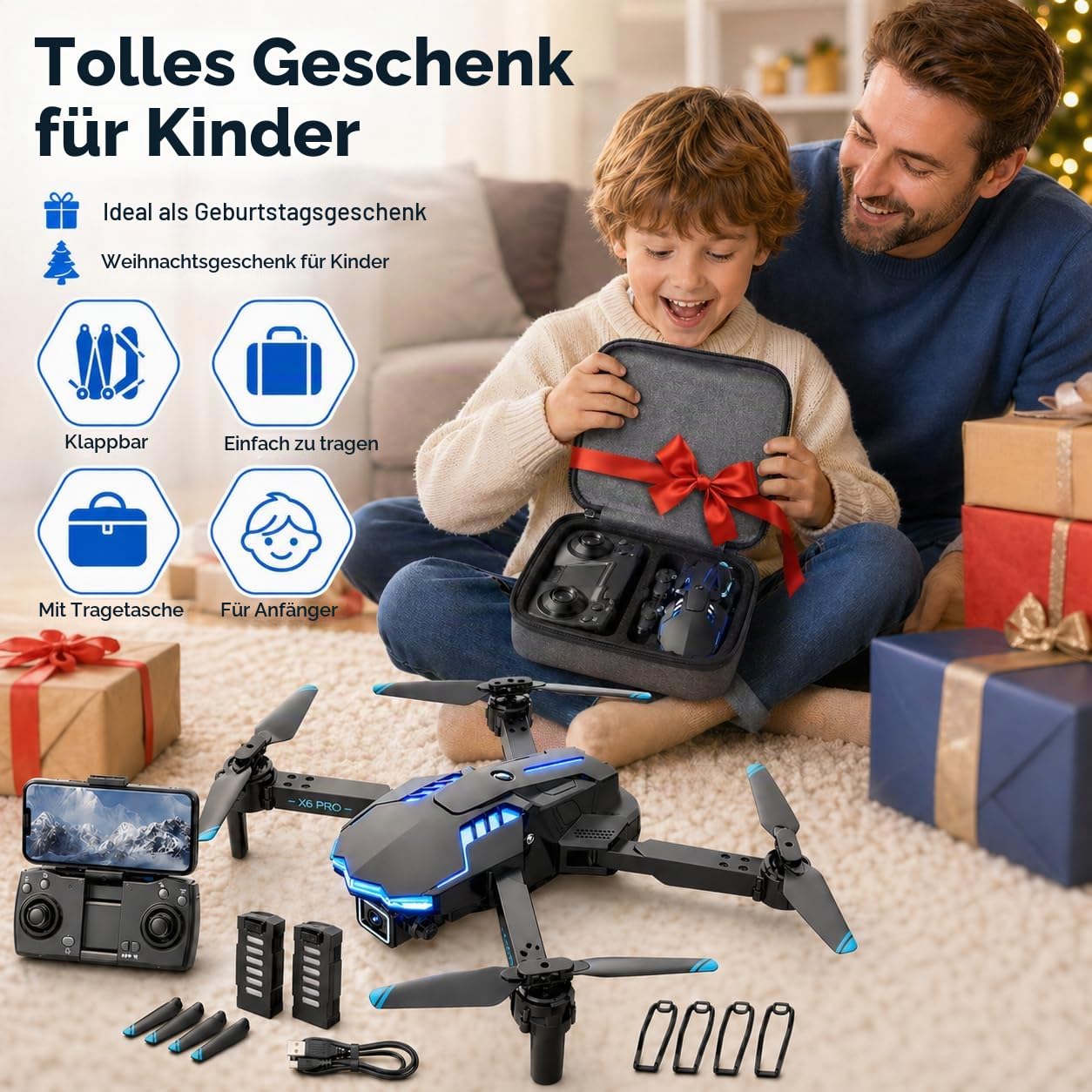 Drohne mit Kamera 1080P für Kinder Anfänger, Bürstenlosem Motor RC Quadcopter, Start mit einem Knopf/35 Min Lange Flugzeit/Höhenhaltung, Spielzeug und Geschenke für Jungen (Blau)