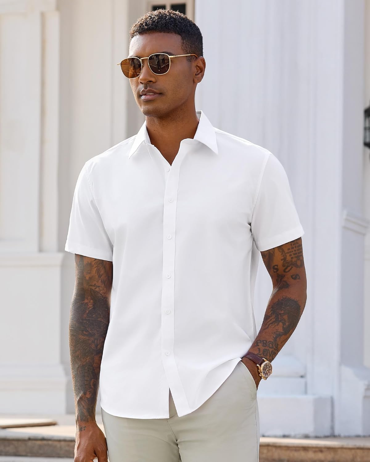 Men's Short Sleeve Dress Shirts Stretch Stain Shield Business Casual Button Down Shirts Solid Formal Wedding Tops - Image 2