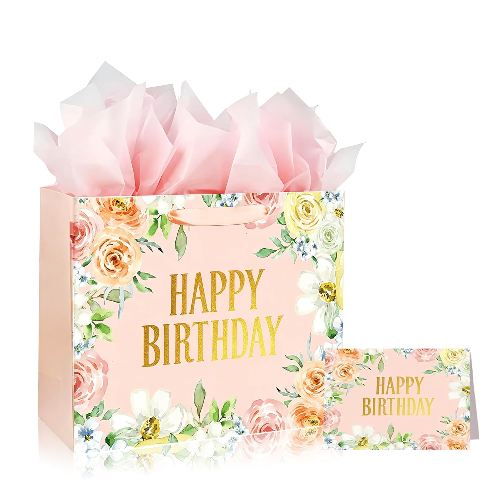 Large Floral Design Gift Bag for Her Presents Pink Rose Wrap Wrapping Bag,33*26*12cm Happy Birthday Party Present Bags with Greeting Handle and 3 Wrappers 1 Card,Luxury Paper Gift Bags for Girl Womens