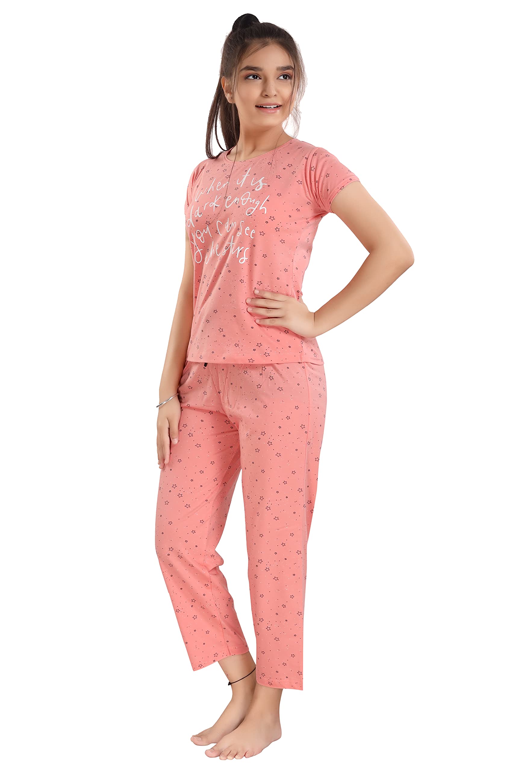 AV2 Girls Cotton Printed Night Suit, Pajama Set Night Dress Peach 8-9 Years 6622 4