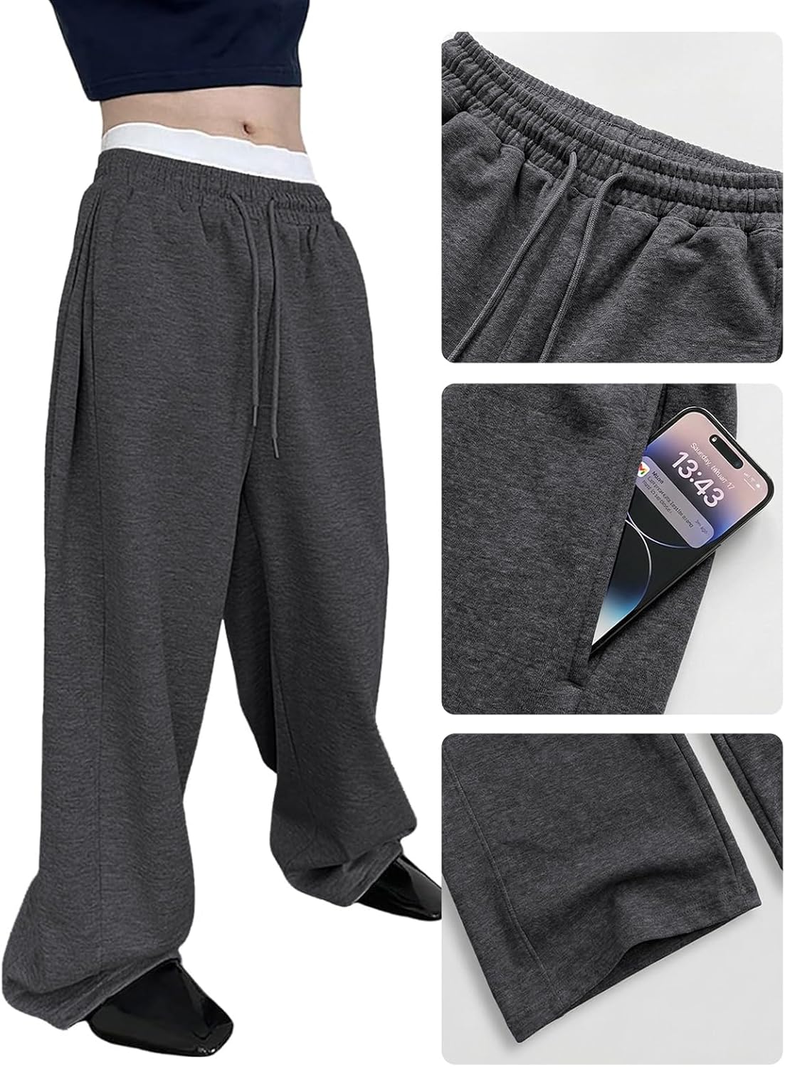 Men's Baggy Sweatpants Cotton Fleece Wide Leg Lounge Sweat Pants Drawstring Waist Jogging Pants with Pockets - Image 5