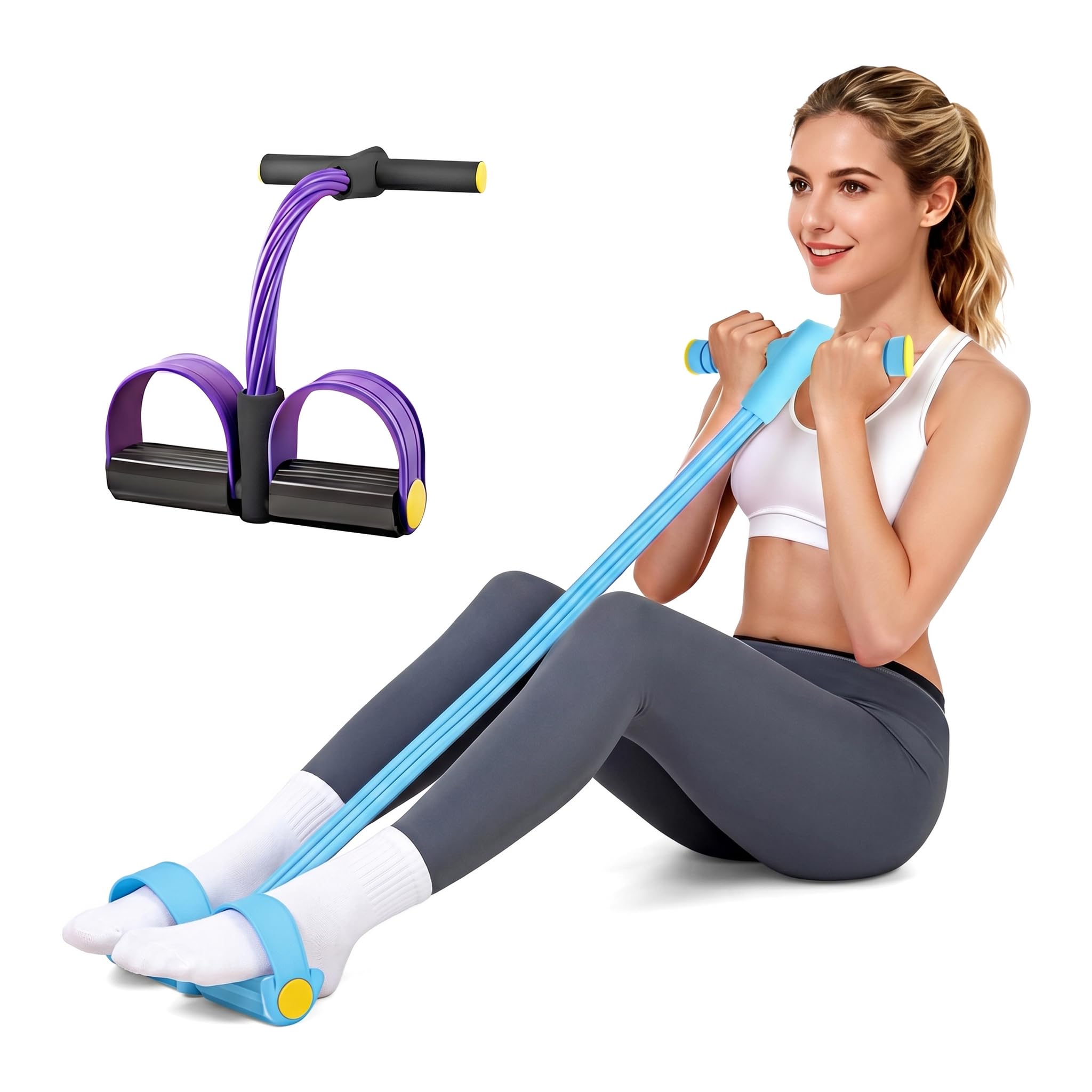 View 1 of ?2 PackFoot Pedal Resistance Band, Blue & Purple 6-Tube Elastic Sit Up Pull Rope, Multifunctional Home Gym Equipment for Full Body Workout, Yoga, Abdomen, Waist, Arm & Leg Training for Women Men