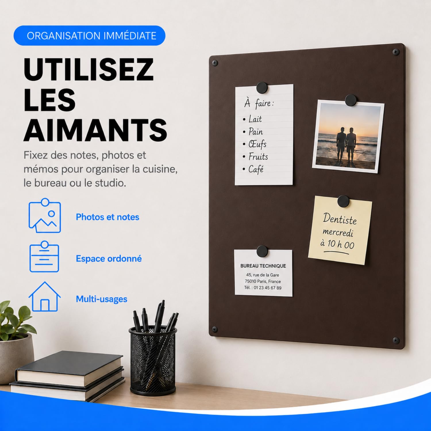 Tableau magnétique mural en acier 60 x 44 inscriptible avec marqueur (marron)