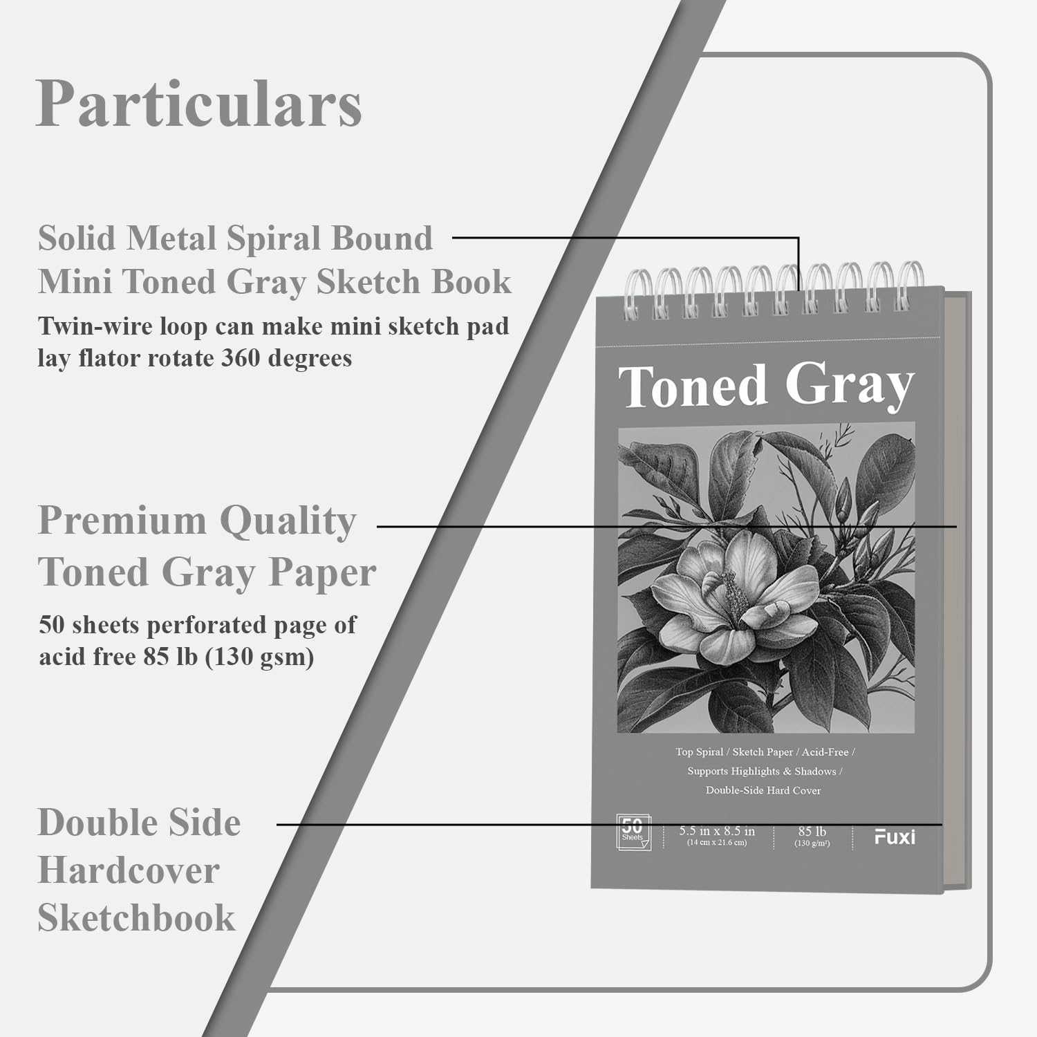 Cuaderno de bocetos gris tonificado de 5.5 x 8.5 pulgadas, 50 hojas (85 libras/130 g/m²), papel gris tonificado, cuaderno skech de tapa dura encuadernado en espiral para dibujo de resaltados y bocetos