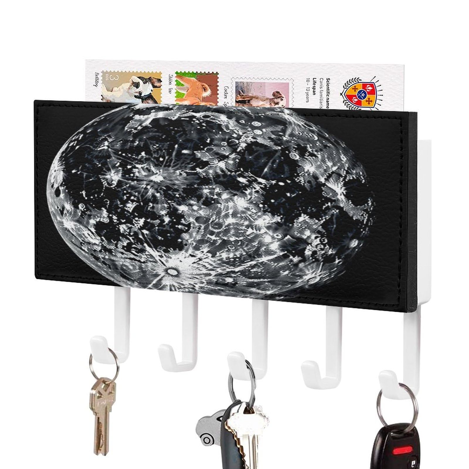Fekiloot White-Style Moon Key Holder Wall Mount Key And Mail Holder Key Hanger With 5 Hooks Decorative Pu Key Rack Hanging Key Hooks For Wall Living Room Kitchen Bathroom Hallway