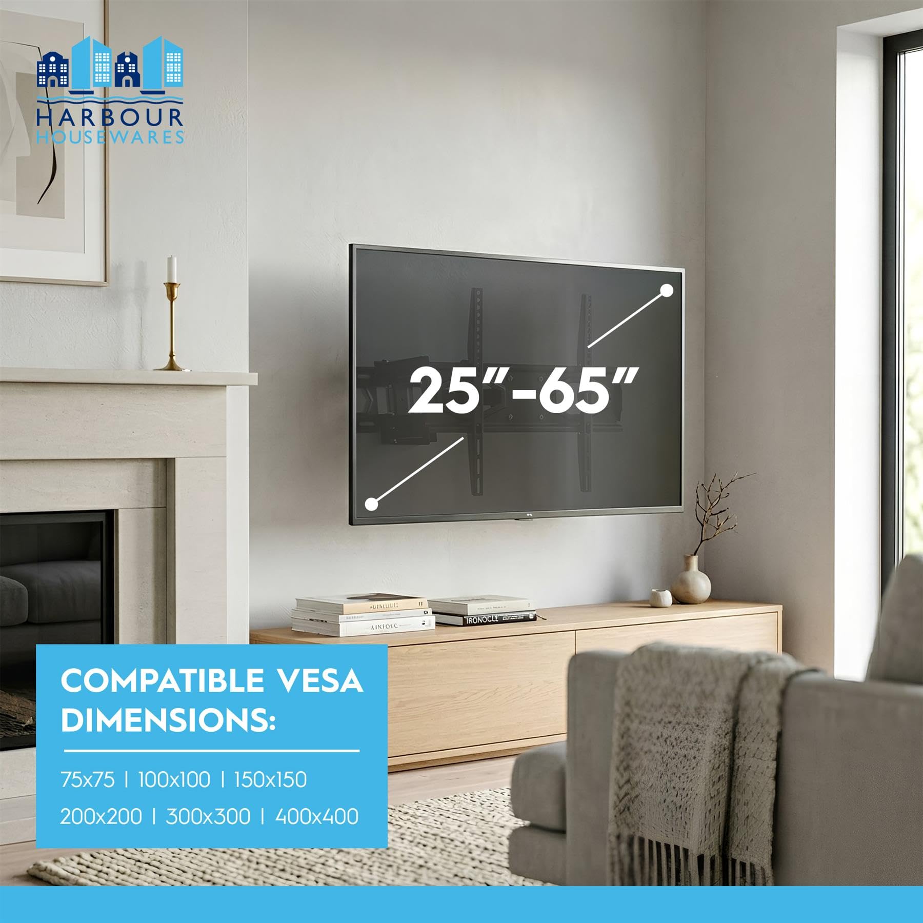 Harbour Housewares Full Motion TV Wall Bracket 25-65" – Tilt, Swivel & Rotate, VESA 100x100-400x400, Supports Up to 40kg, Black Steel, Home Cinema Mount — view 3