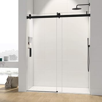 56"-60" W x 76" H Frameless Single Sliding Soft-Close Shower Door, 3/8" 10mm Thick SGCC Tempered Glass Door, Reversible Installation, Bathroom Sliding Shower Door, Matte Black Finish