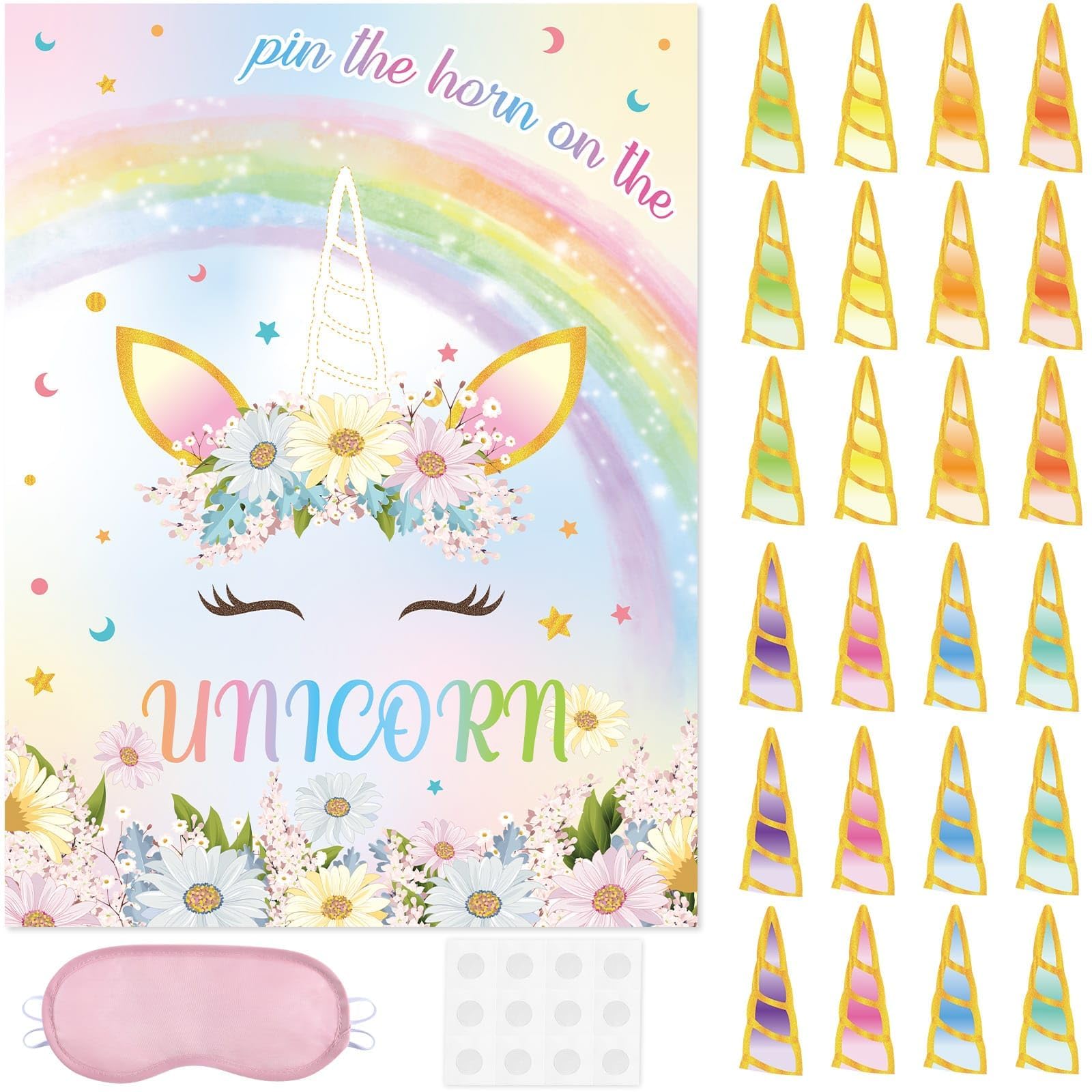 WERNNSAI Pin The Horn on The Unicorn Party Game - Unicorn Birthday Party Decoration 24 Pcs Reusable Horns Sticker Magical Fantasy Adventure Party Supplies for Family Gathering Party Favor 71x53cm