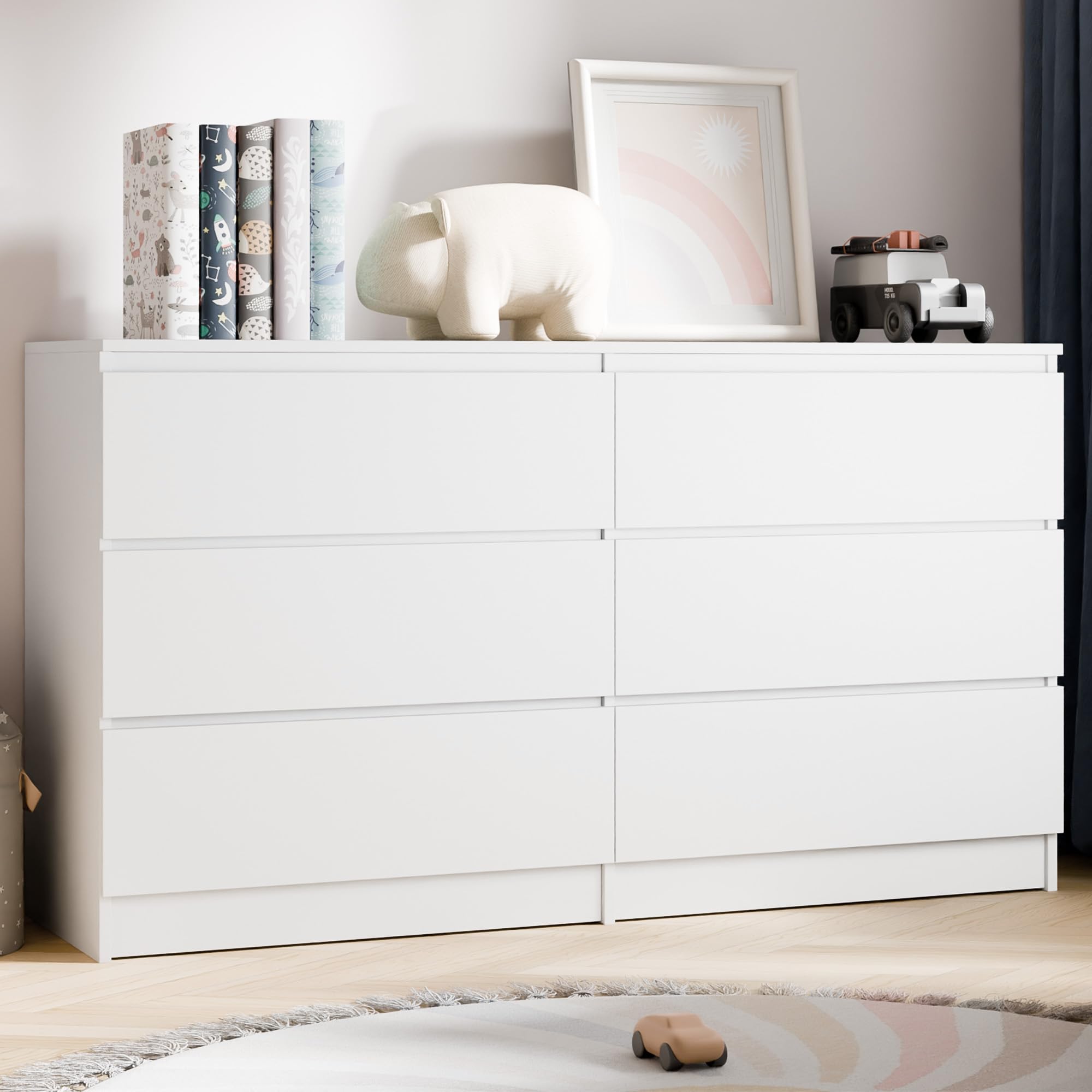 Cozy Castle 6-Drawer Storage Cabinet - 51.9" Wide Dresser with Countertop, Modern Wood Chest with Deep Drawers, Chest of Drawers, Handleless Modern Design for Living Room, Entryway, Hallway (White)