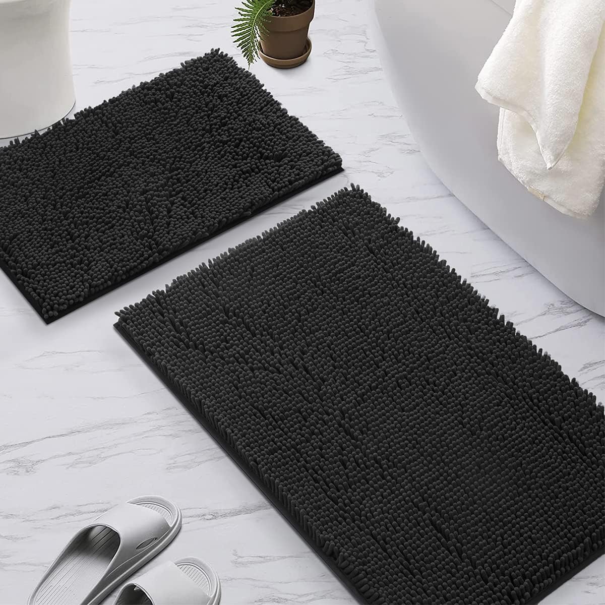 SONORO KATE Bathroom Rug,Non-Slip Bath Mat,Soft Cozy Shaggy Thick Bath Rugs for Bathroom,Plush Rugs for Bathtubs,Water Absorbent Rain Showers and Under The Sink (Black, 17" x 47" Plus 17" x 24")