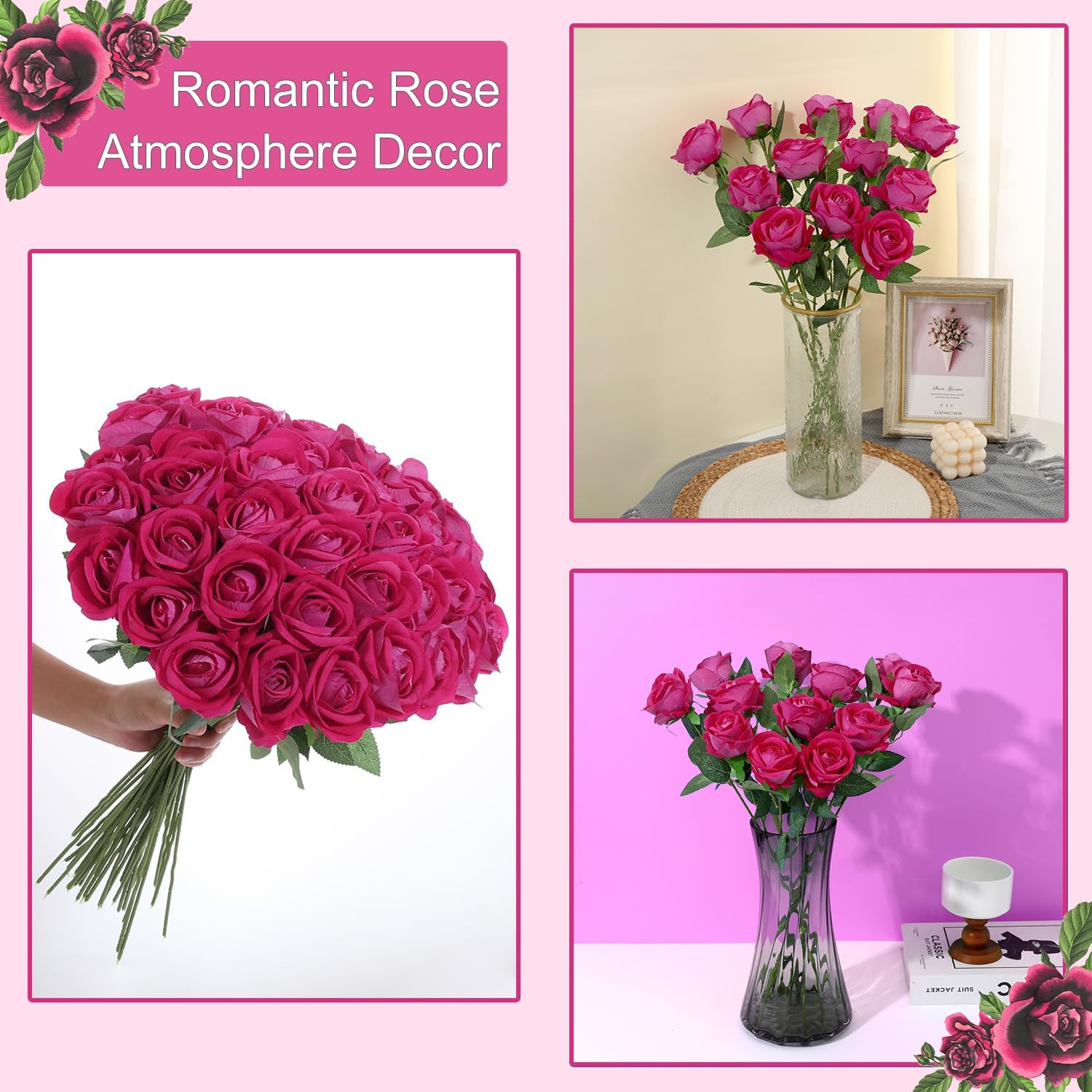 12Pcs Fuchsia Roses Artificial Flowers Fake Roses Faux Velvet Silk Flower for Home Wedding Decoration (Pearl Rose, Fuchsia) - Image 2