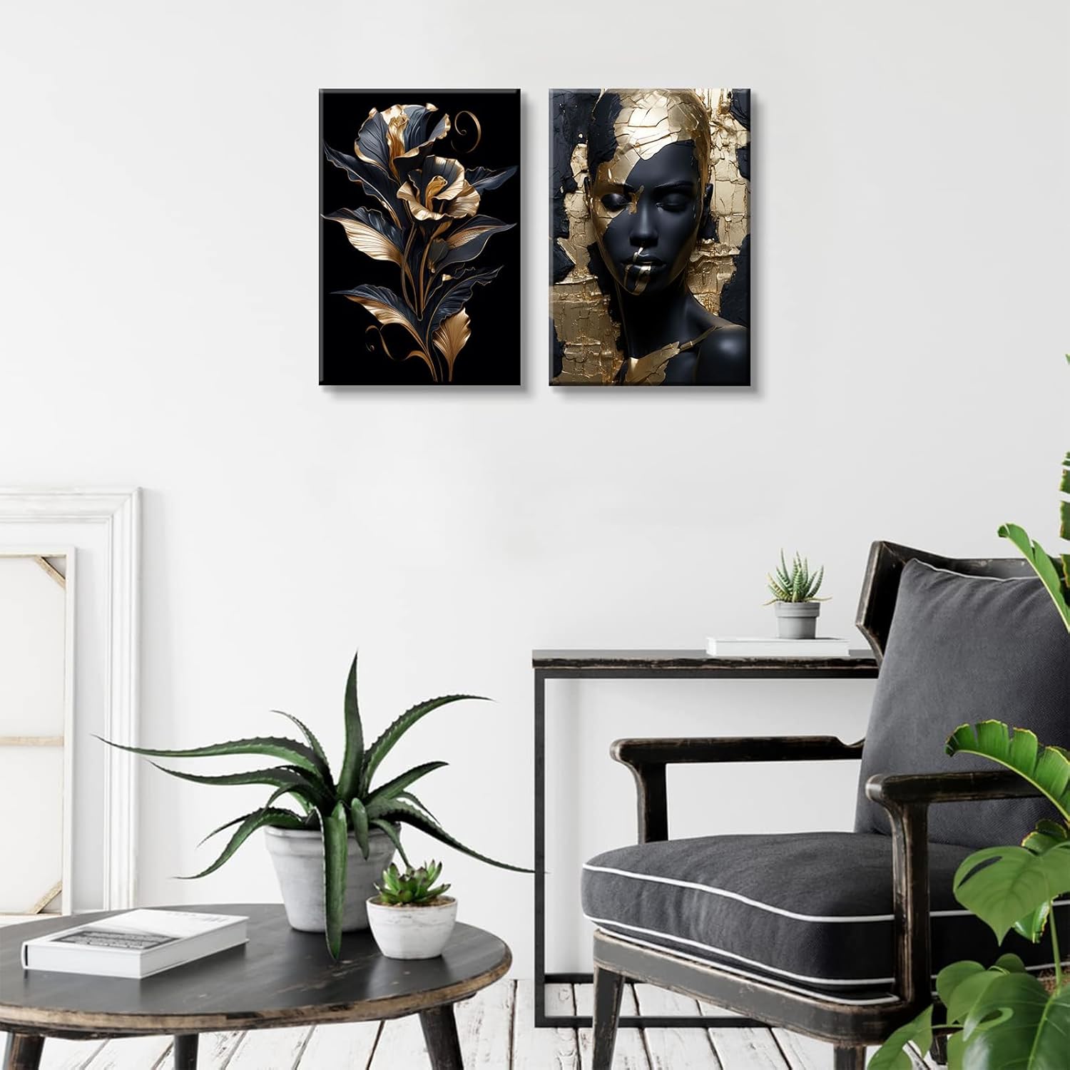 2 Pieces Black Gold African American Women Wall Art African American Wall Decor Gorgeous Woman Portrait Gold Flowers Painting Picture Prints for Bedroom Living Room Hallway Ready to Hang 16x24 Inch