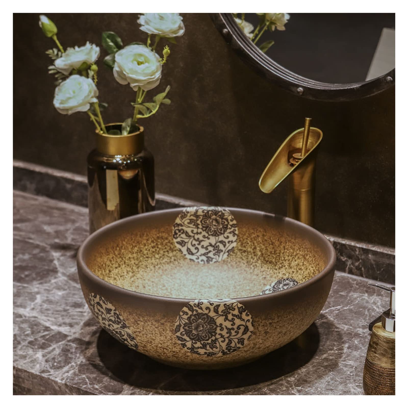 TIANQIHAO Round Porcelain Vessel Sink, Above Counter Ceramic Vanity Sink, Artistic Bathroom Sink Bowl Basin