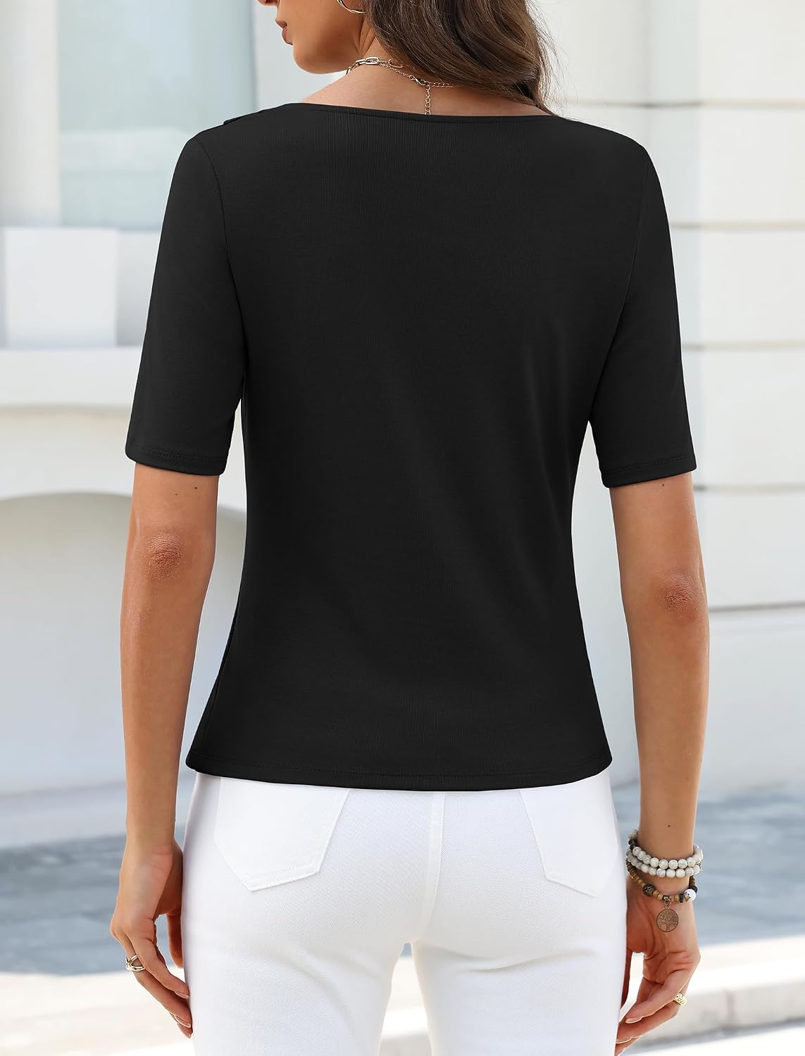 Cowl Neck Elbow Length Tee Shirts Dressy Business Casual Tops Fitted Half Sleeve Spring Blouses for Women 2026 Trendy