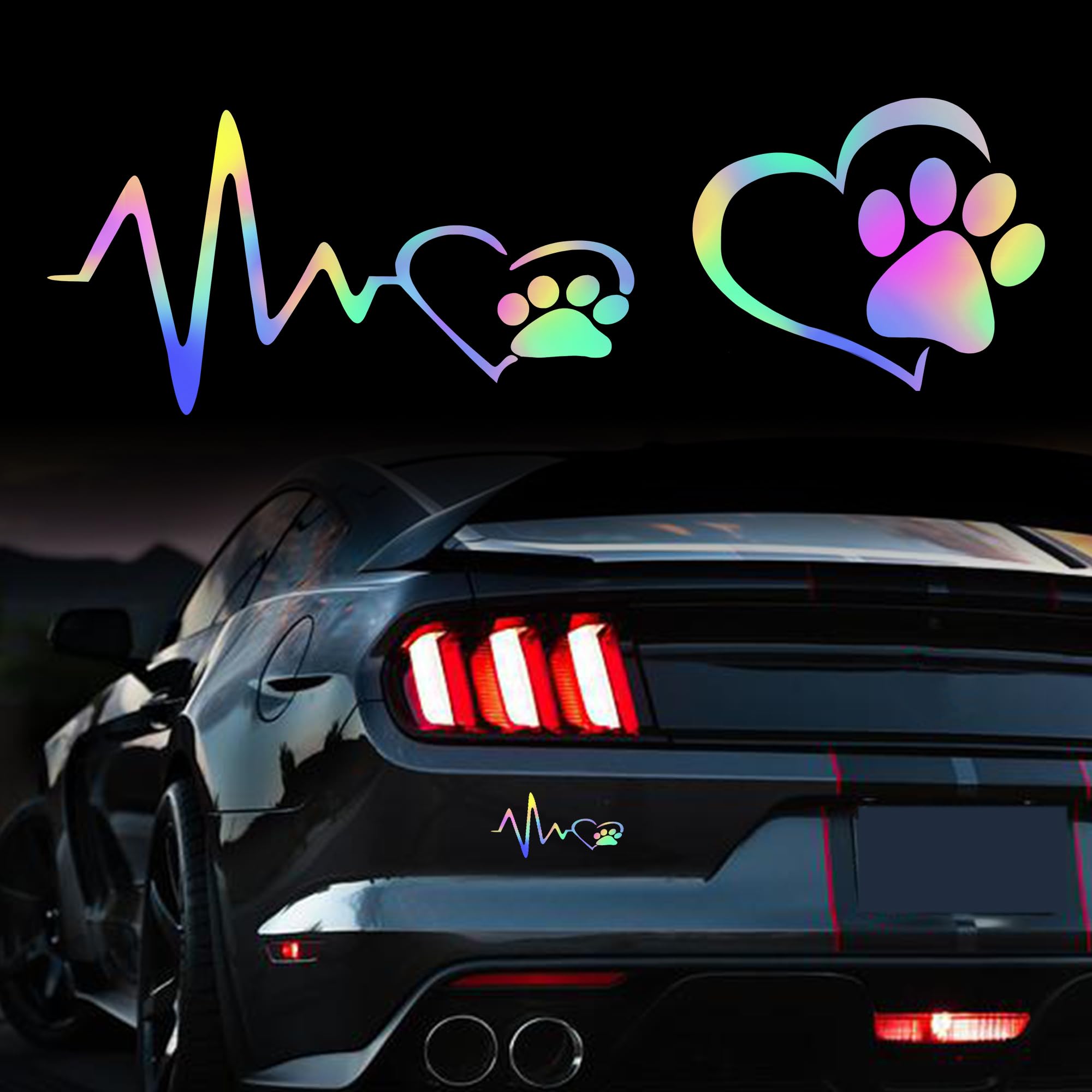 TOMALL2Pcs Dog Paw Love Heartbeat Vinyl Reflective Stickers Decal for Car Window Bumper Trunk Universal Waterproof Puppy Footprint Stripe Decal Decoration for Motorcycles Bike Laptop (Gradient)