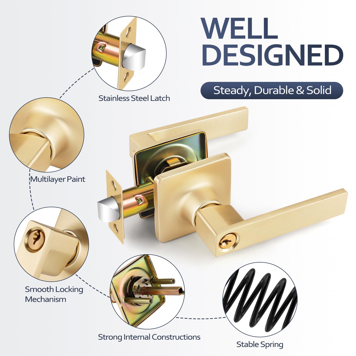 EHOMEWARE Paquete de 4 manijas de puerta de entrada con cerradura y llaves, latón cepillado, pomos dorados con llaves para dormitorio o sala de estar, uso interior o exterior