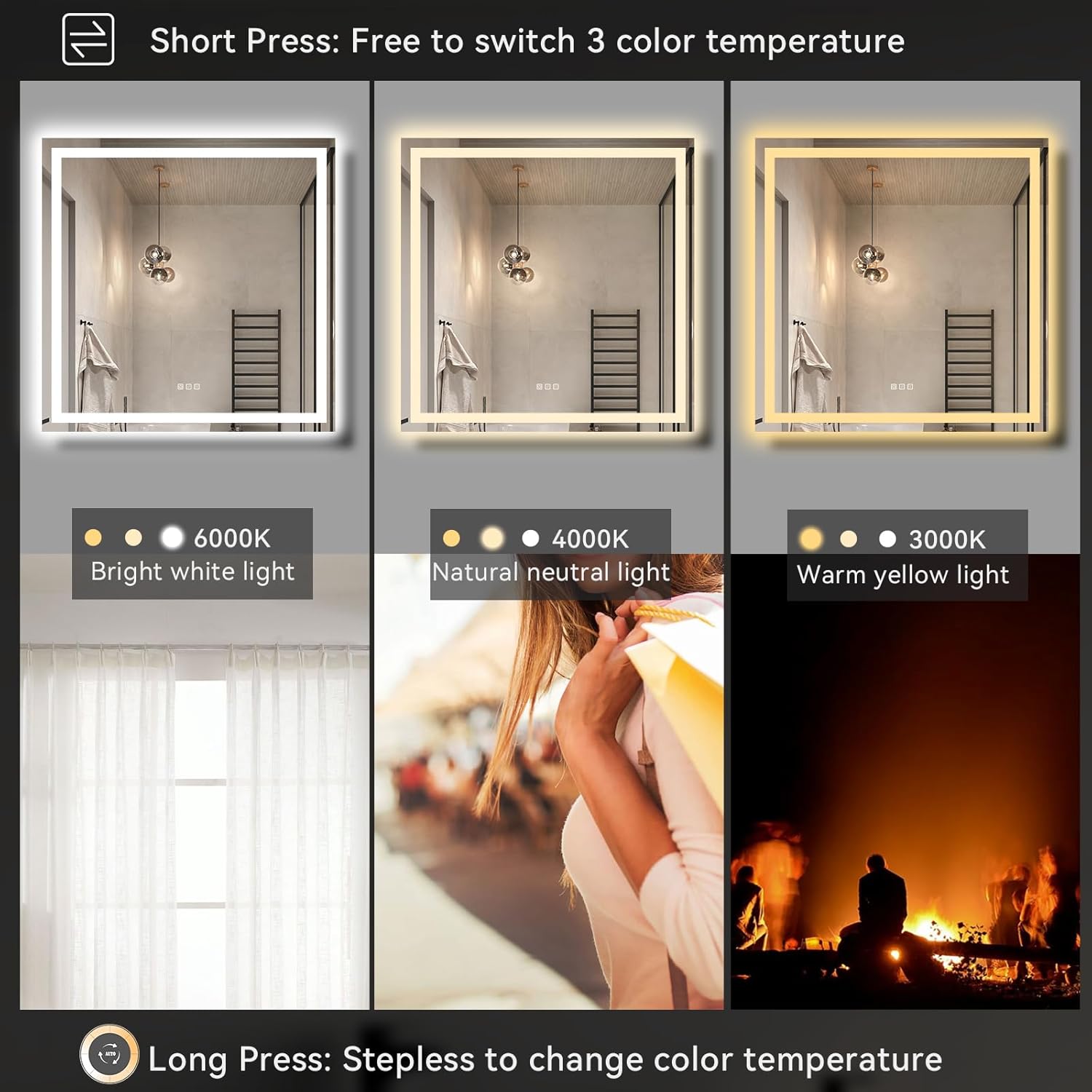 HIGHMIR 36"x36" LED Bathroom Mirror, Wall Mounted, Front and Backlit, Anti-Fog, Dimmable, 3 Color Lighting, Shatterproof Tempered Glass, Memory Function, Lighted Vanity Mirror (UL & ETL Listed)