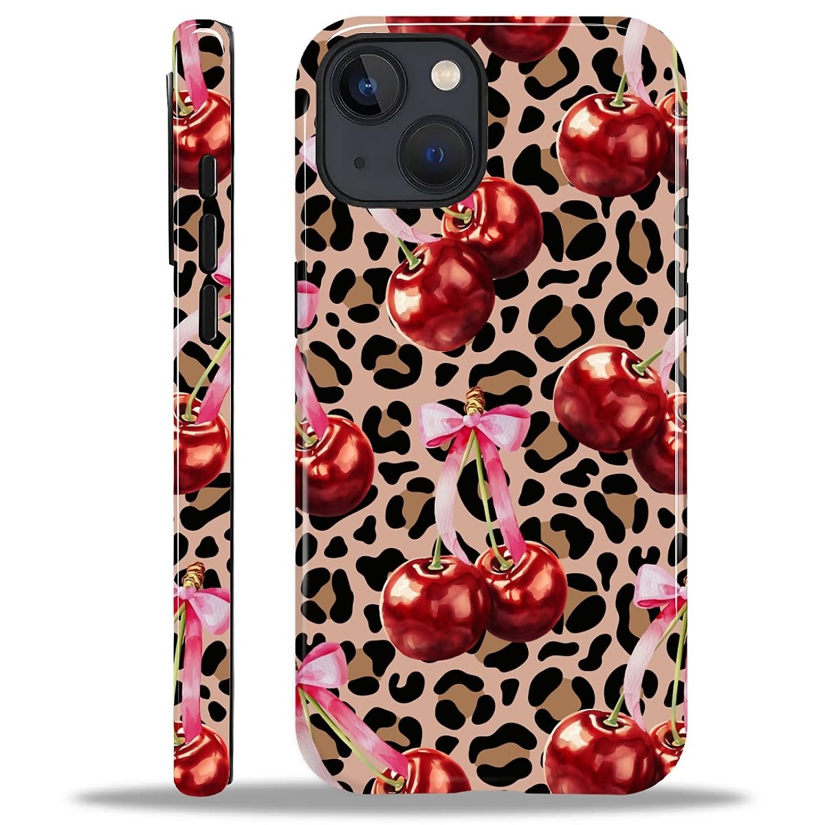 ilikediy for iPhone 15 Case,HL2 Aesthetic Leopard Cherry Bow Hybrid 2 Layer Hard Shell Silicone Protective Pattern Design Case