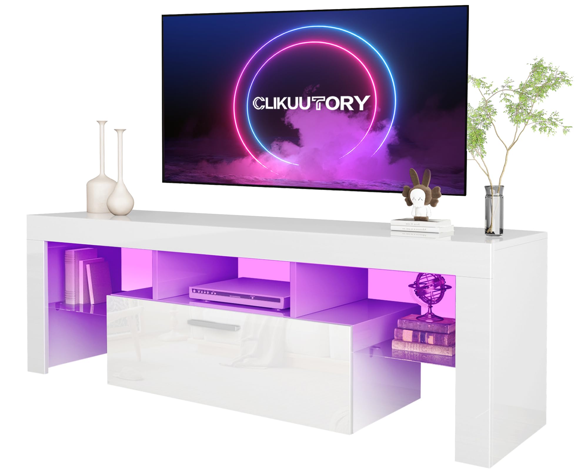 Photo 1 of Clikuutory White LED TV Stand with Large Storage Drawer for 32 40 50 55 Inch TVs, Modern High Gloss TV Console Table with Entertainment Center for Living Room, Bedroom, White 51”W×14”D×18”H White