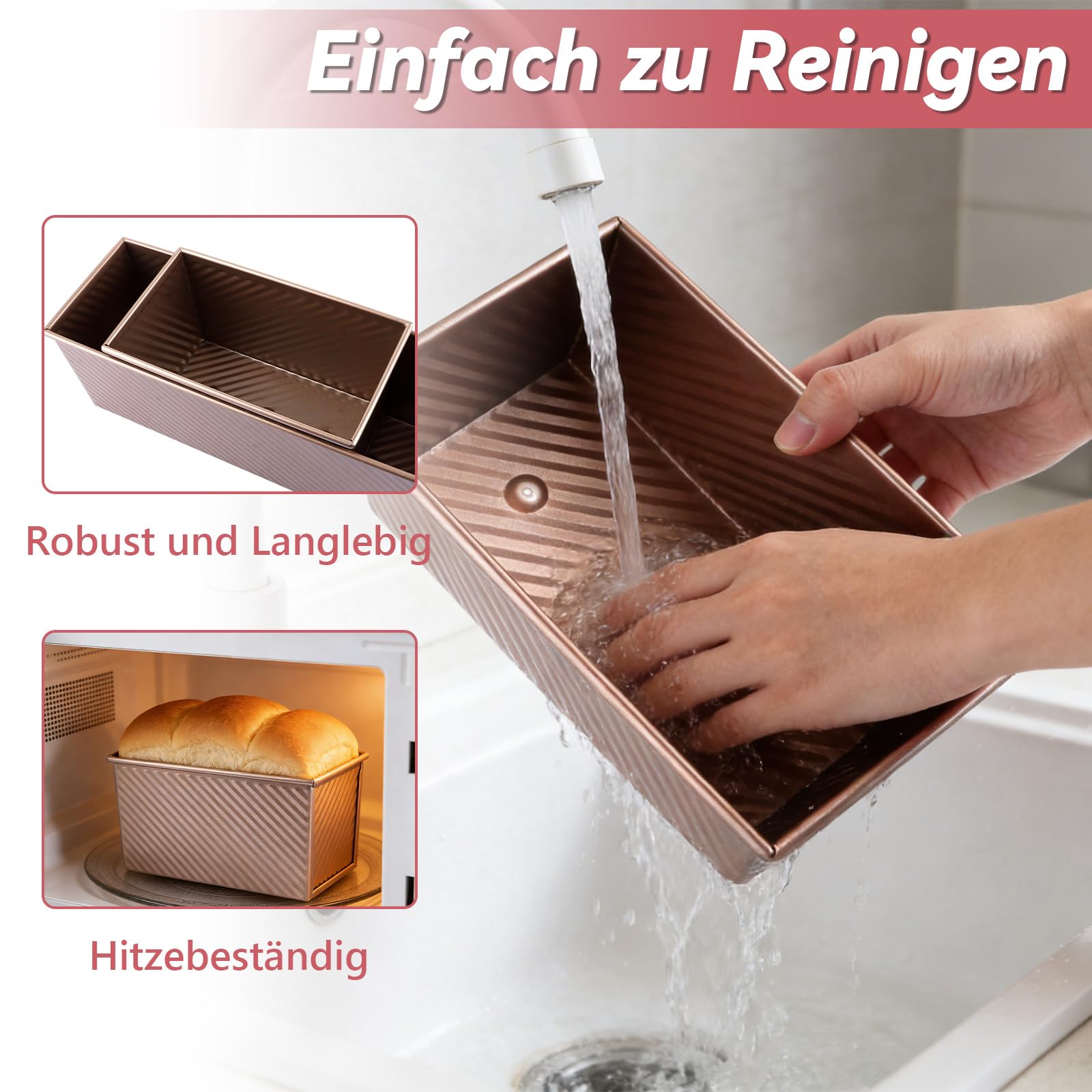 Lot de 2 Moule Pain de Mie avec Couvercle, 31.8x12x11.43cm und 21.6x12x11cm Moule a Pain de mie avec Couvercle Or rose, Inclus 1 Spatule en Silicone et 1 Pinceau en Silicone pour Toasts