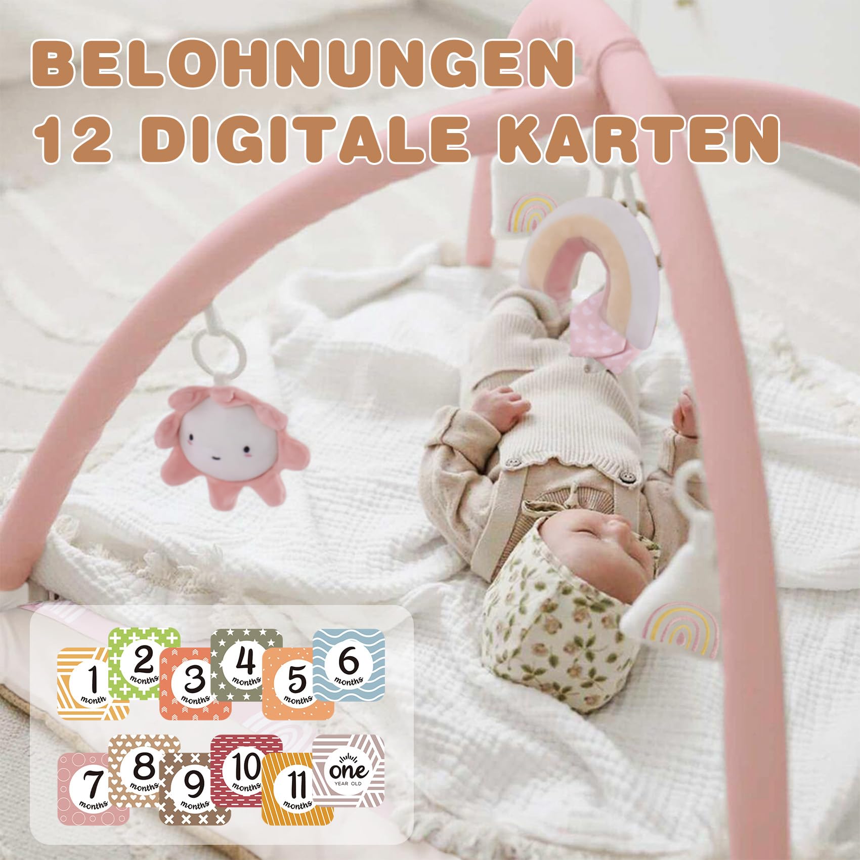 Mallify Spielbogen Baby Mädchen, Krabbeldecke mit Bogen und 6 abnehmbaren Spielzeugen und 12 Meilensteinkarten, Spieldecke baby ab Geburt, Baby Gym 0-6 Monate, Rosa