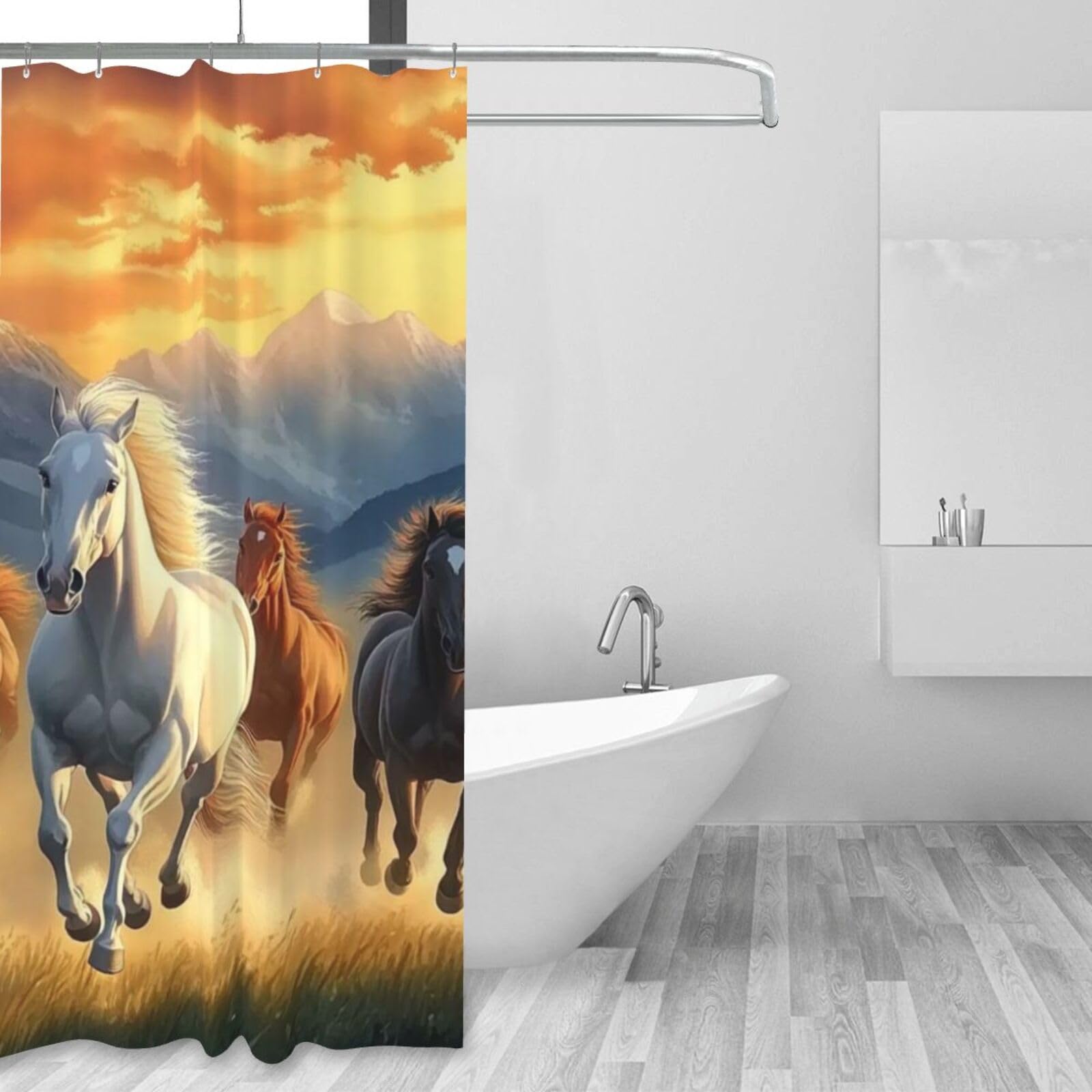 Majestic - Cortina de ducha con estampado de caballos galopantes al atardecer, 152 x 183 cm, tela de poliéster impermeable, decoración de bañera con 12 ganchos, secado rápido, lavable