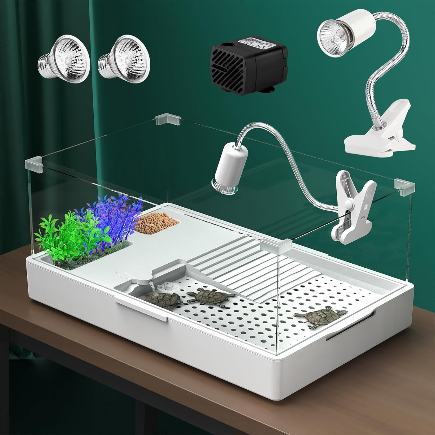 Photo 1 of Geegoods Turtle Tank with Light and Water Pump, Aquarium with Platform Plants for Pet Reptile Habitat (15.7''x11.8''x10'')