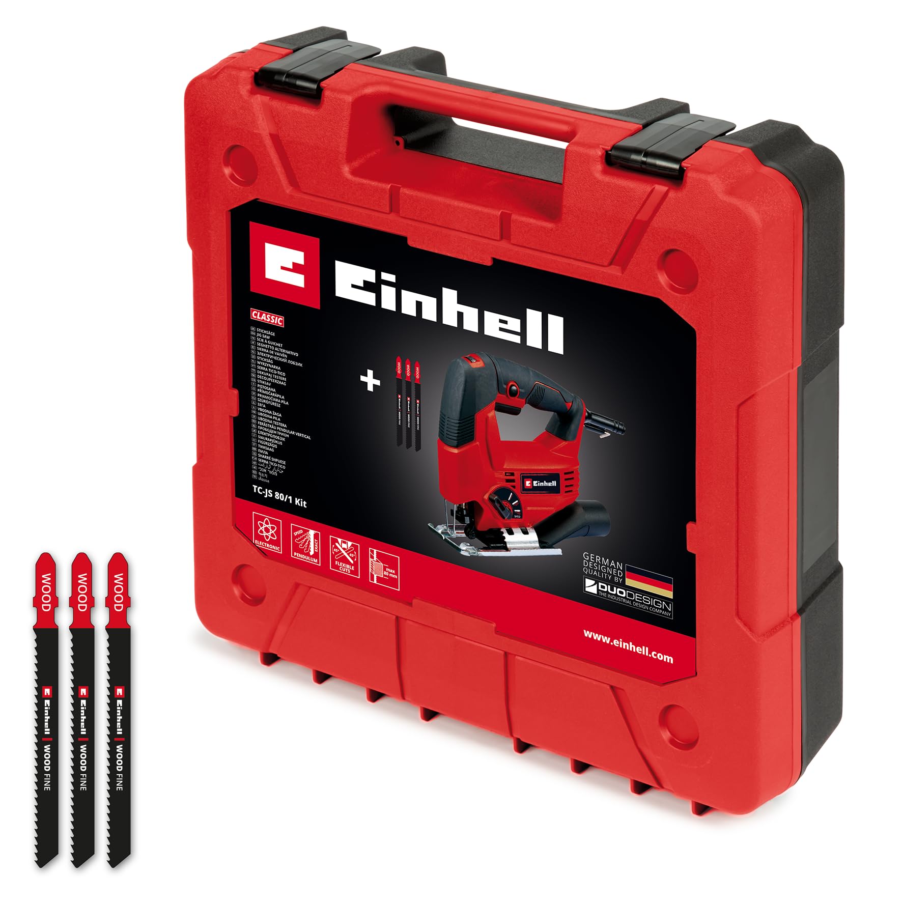 Einhell Stichsäge TC-JS 80/1 Kit (550 W, 20 mm Hubhöhe, Pendelhubfunktion, 80 mm Schnitttiefe in Holz, 10 mm in Stahl, 3.000 min-1, inkl. 3x T-Schaft Sägeblatt)