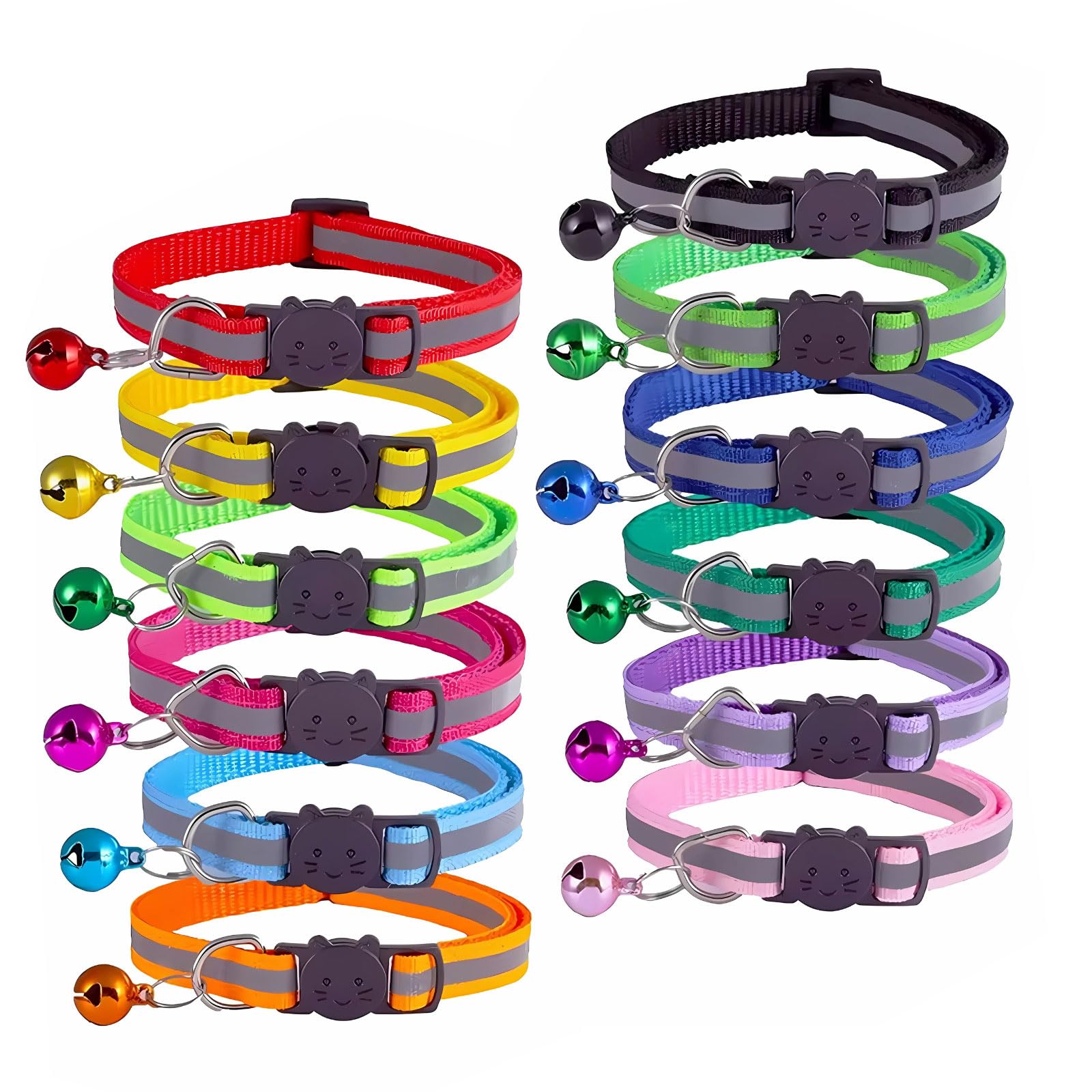 SereneStock Cat Collar- Reflective Cat Collars with Bells- Quick Release Cat Collar- Adjustable to Fit All Cats- Breakaway Safe Kitten Collar (12 Pack) (Mix Color)