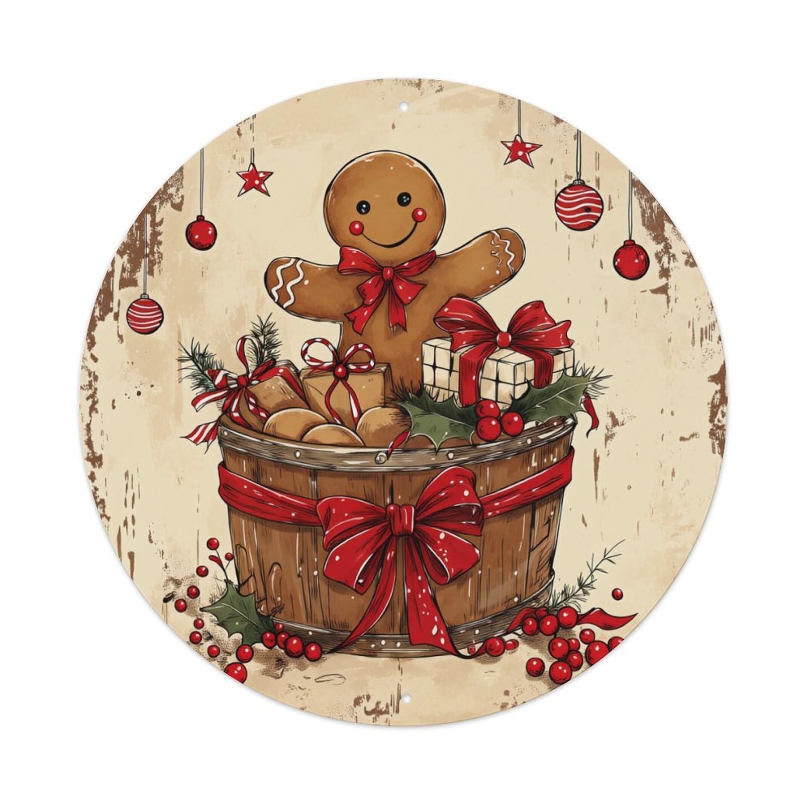 Gingerbread Man Christmas Bucket Decor Round Tin Sign Vintage Metal Poster, Home Bar Garage Man Cave Cafe Indoor & Outdoor Wall Decoration 8x8Inches