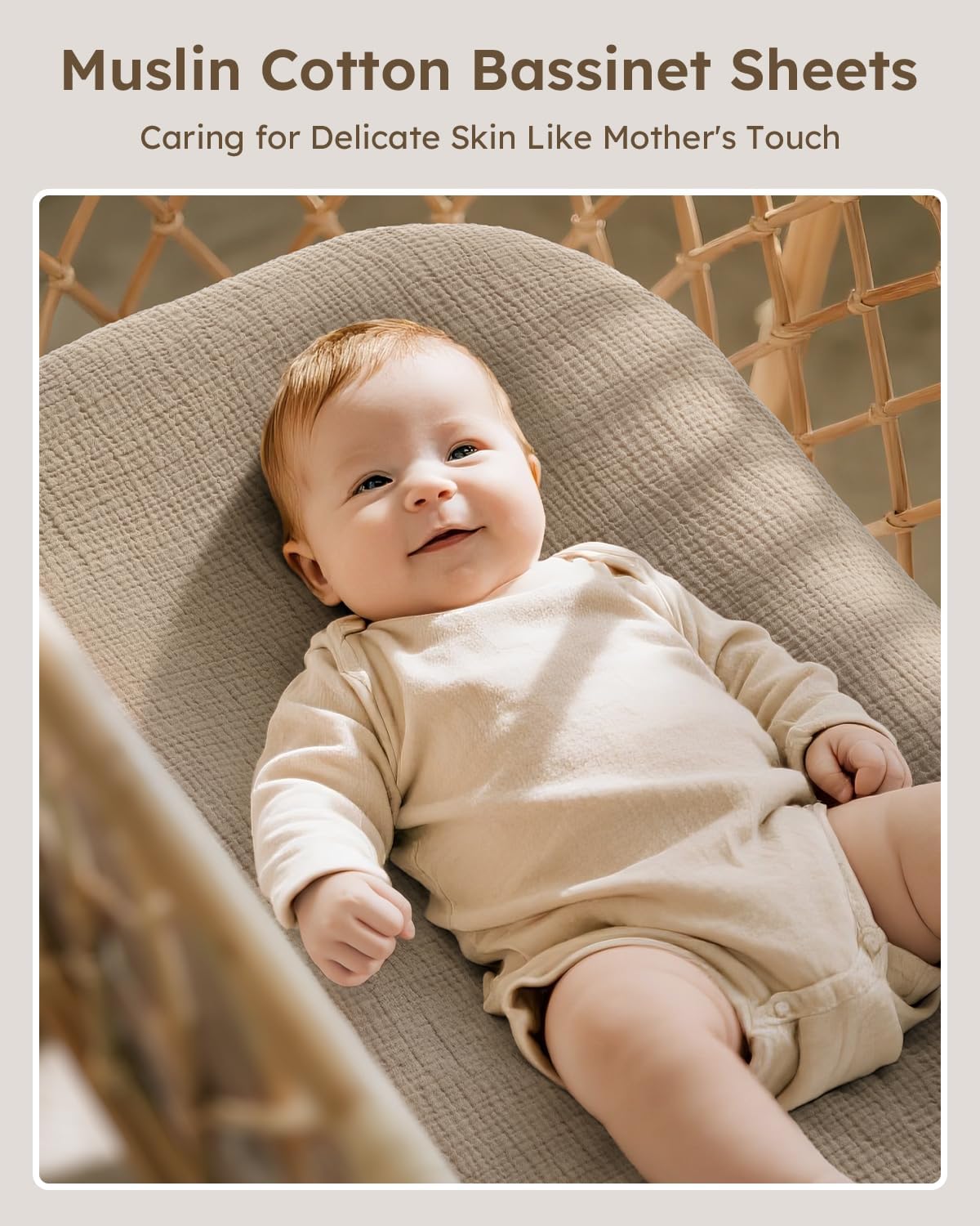 Unnivoll Muslin Bassinet Sheets Boy Girl, 100% Cotton Fitted Bassinet Sheet Set 2 Pack Bassinet Mattress Sheets Universal Fit for Rectangle, Round, Oval, Hourglass Mattress, Soft Breathable Beige & Khaki Bassinet Sheets