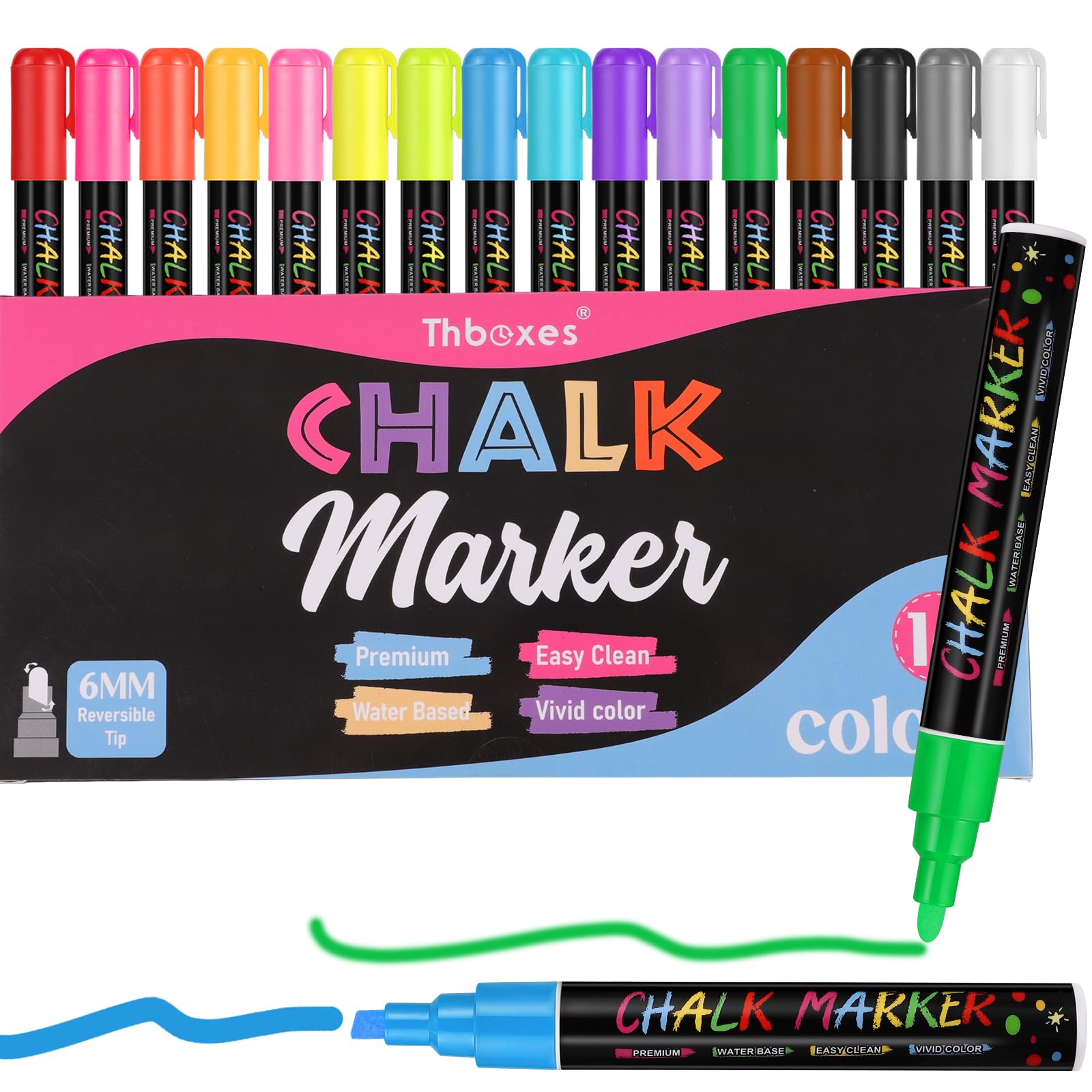 Thboxes Liquid Chalk Pens Set Of 16, 6mm Reversible Tip, Multicolor