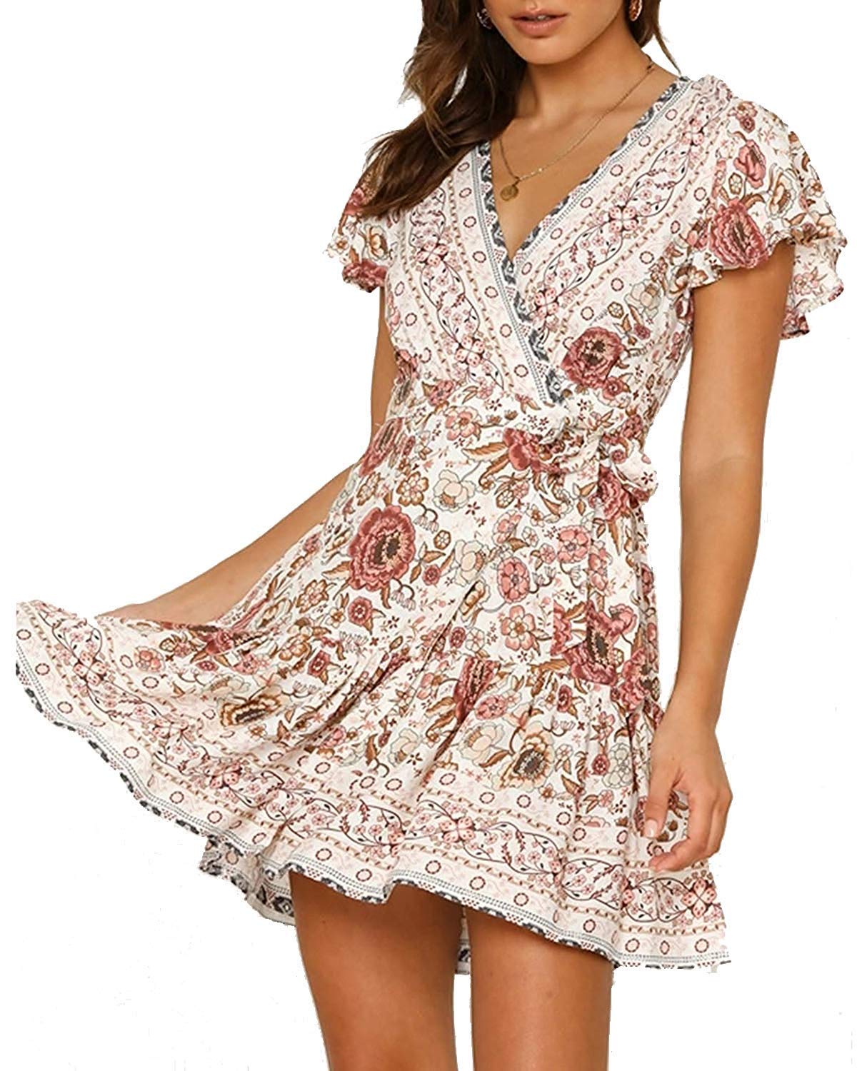 ABYOVRT Mujer Vestido Bohemio Corto Florales Nacional Verano Vestido Casual Magas Cortas Chic de Noche Playa Vacaciones